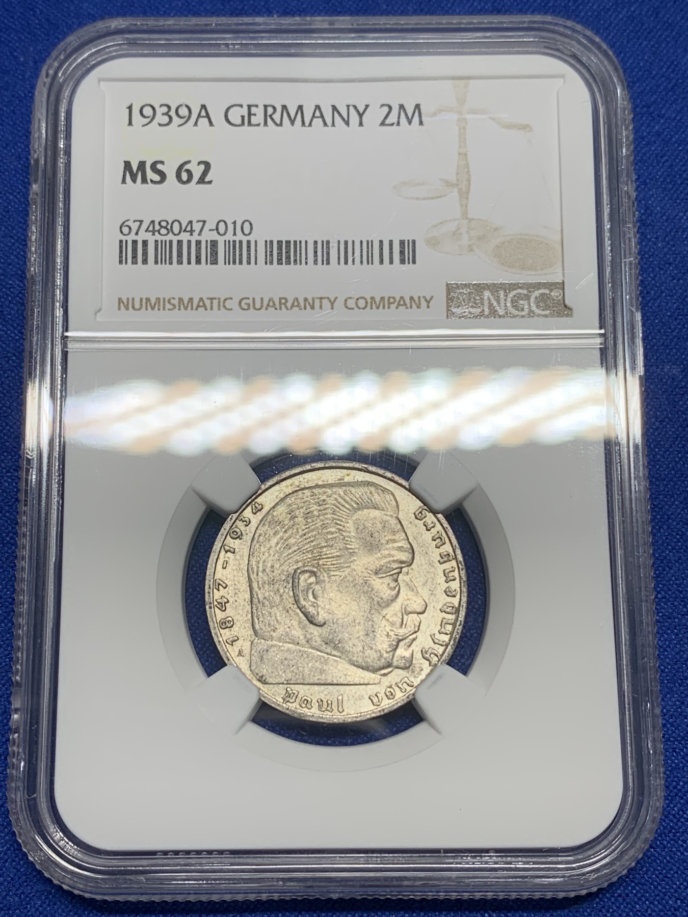 《竞宝斋》第224场-周日，周一，周二 3场 (全场包邮) NGC MS62 德国1939年A版兴登堡2马克银币