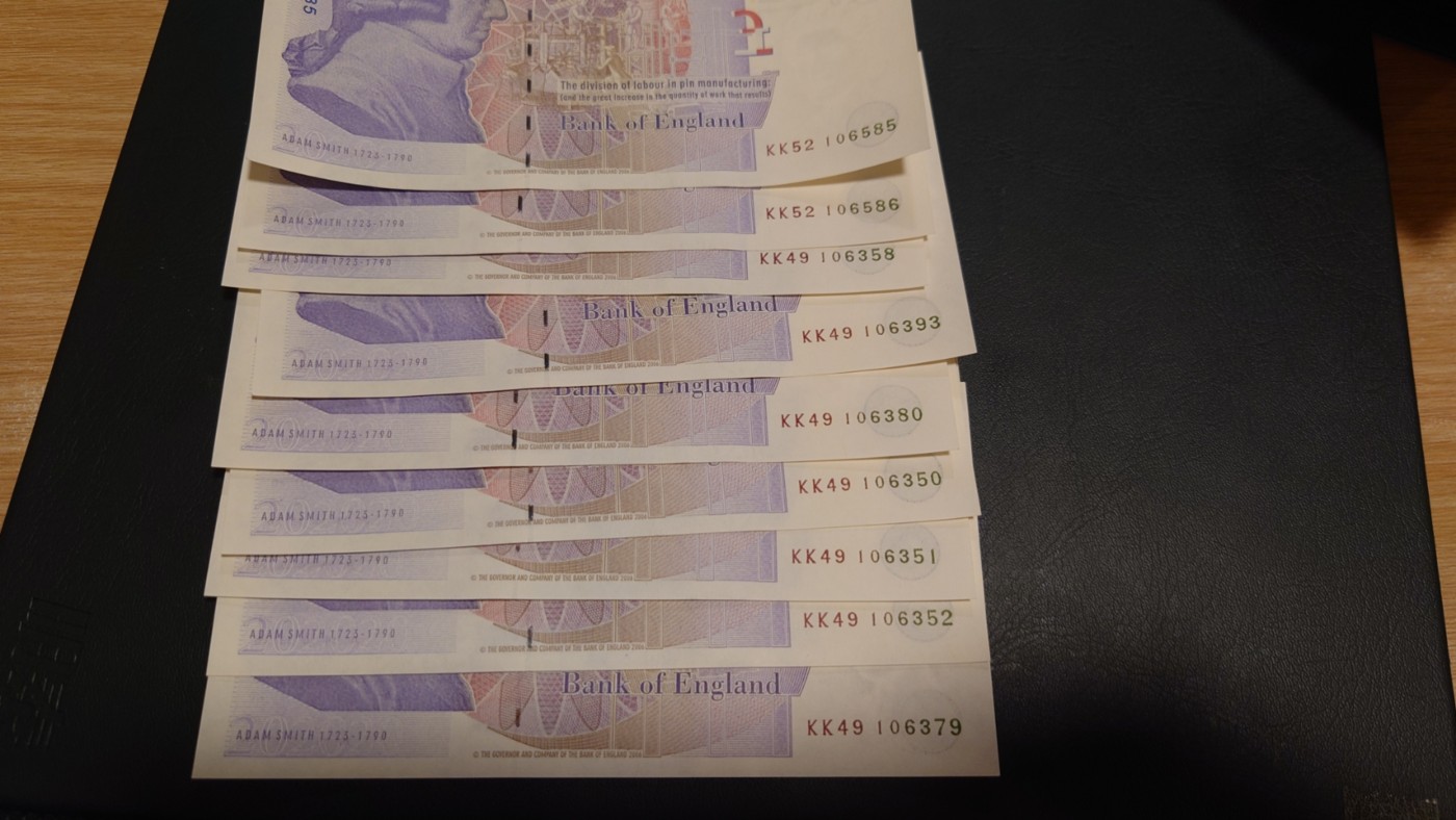 【世界钱币】精选微拍第89期暨2023年第三十六期 最新币展品种(群里卖剩挑剩的)专场 英国F序列20帮亚当斯密 全新绝品尾号6379