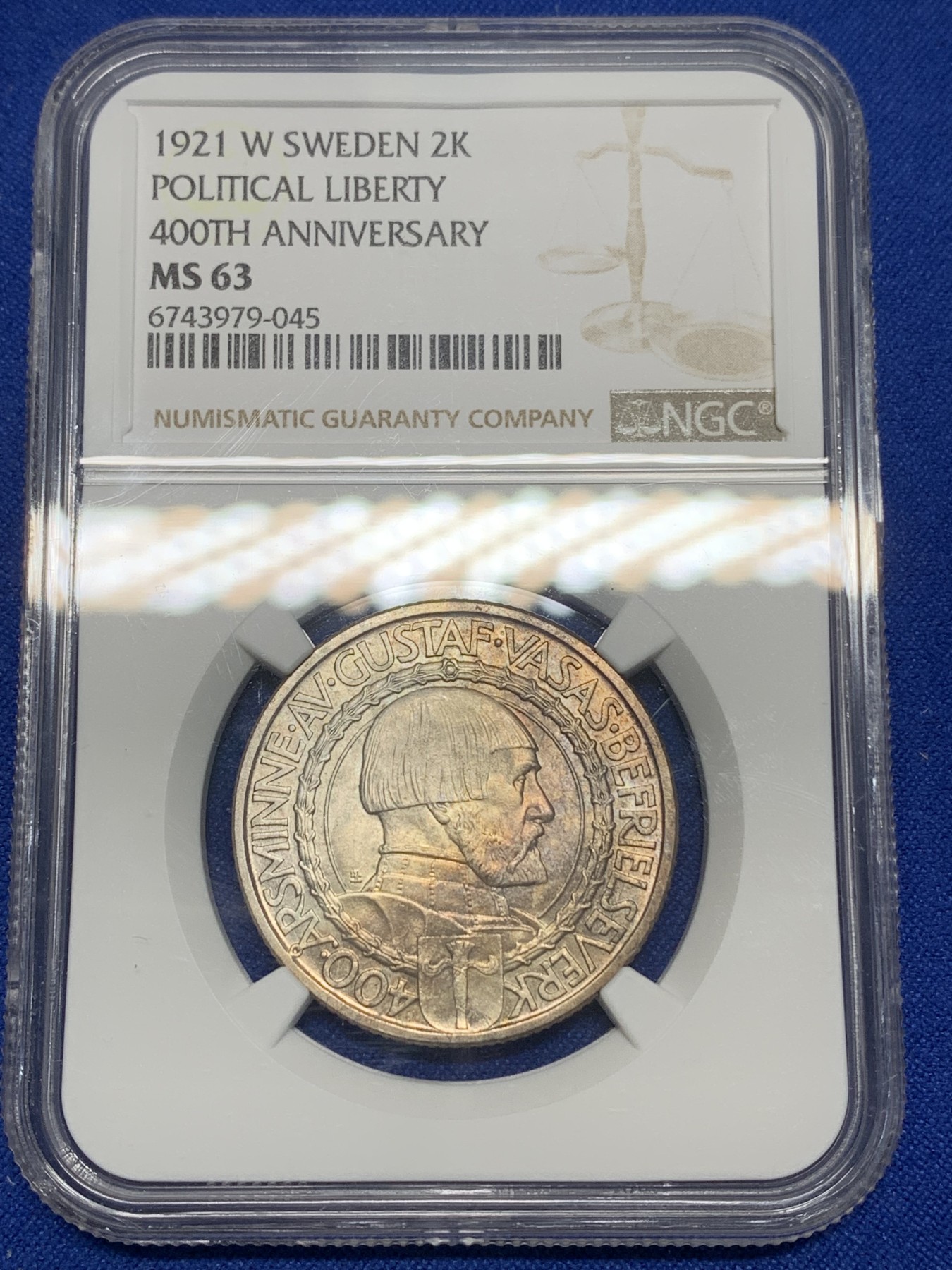 《竞宝斋》第224场-周日，周一，周二 3场 (全场包邮) NGC MS63 瑞典1921年政治自由400周年银币