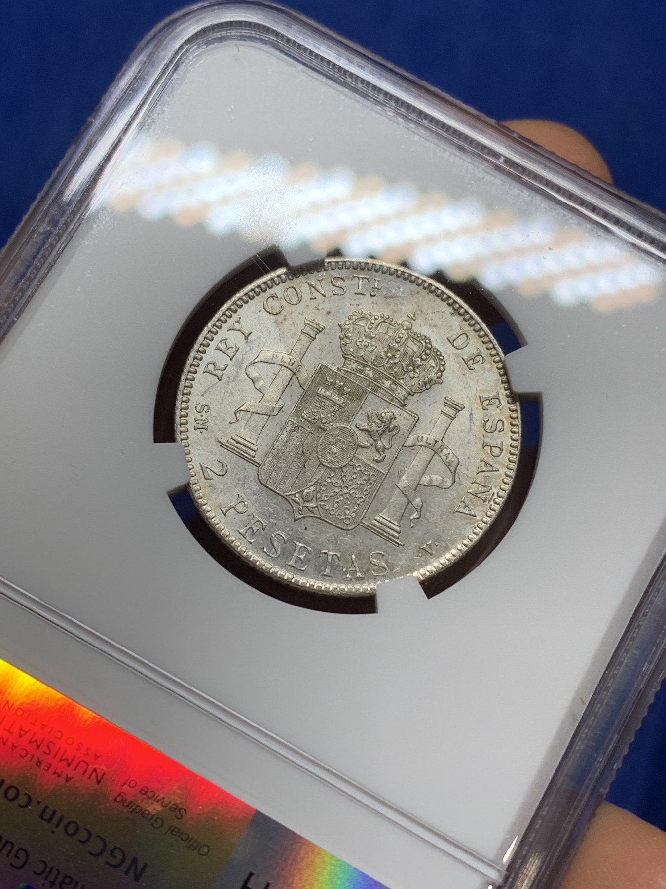 《竞宝斋》第224场-周日，周一，周二 3场 (全场包邮) NGC-MS61 西班牙1905阿方索十三世2比塞塔银币