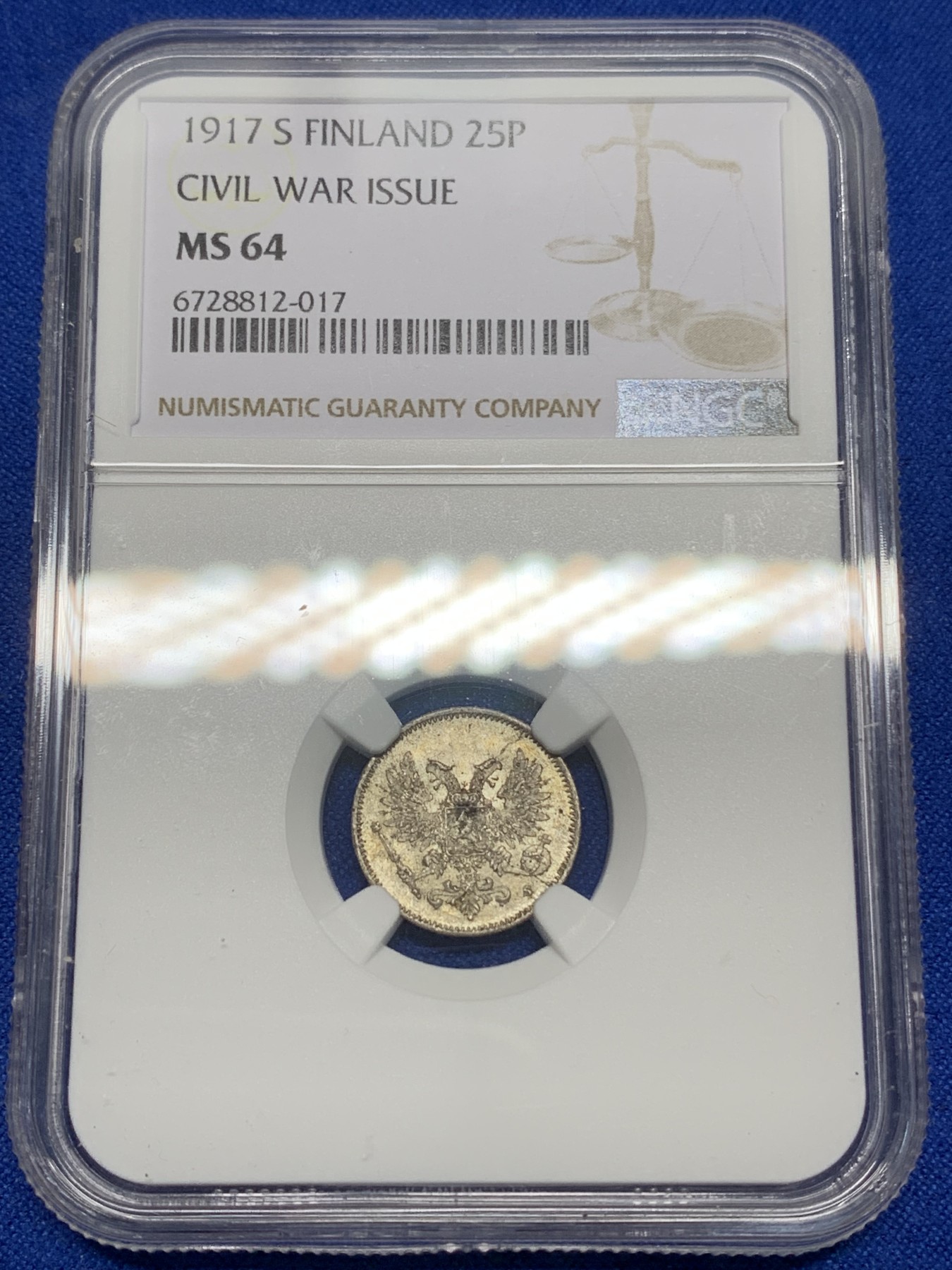 《竞宝斋》第224场-周日，周一，周二 3场 (全场包邮) NGC MS64 俄占芬兰1917年25芬尼银币