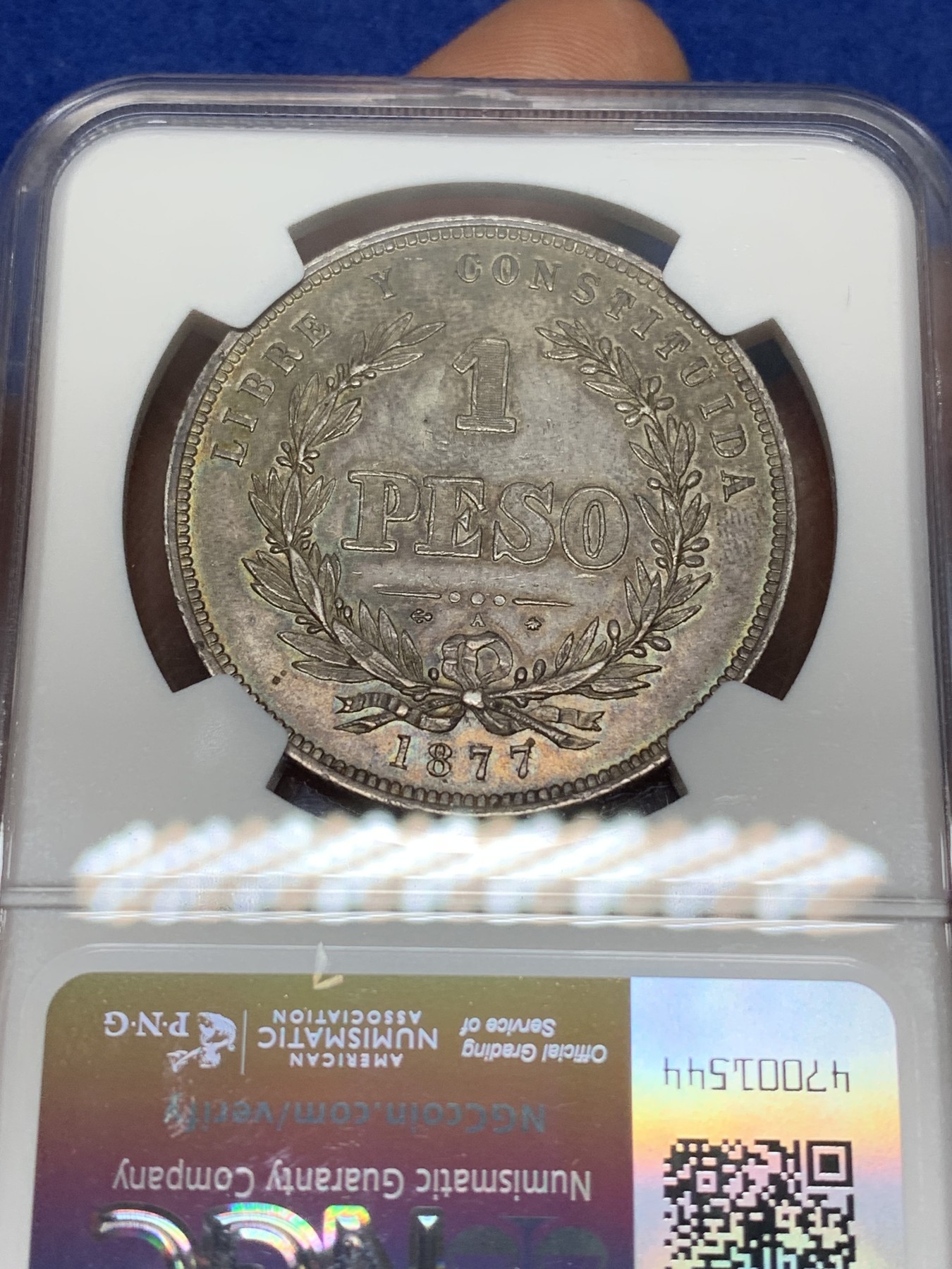 《竞宝斋》第224场-周日，周一，周二 3场 (全场包邮) NGC MS63 乌拉圭 1877年 国徽1比索 大银币 乌拉圭地缘所限 早期上MS的极少，XF的裸币成交价在1000左右，上升品种