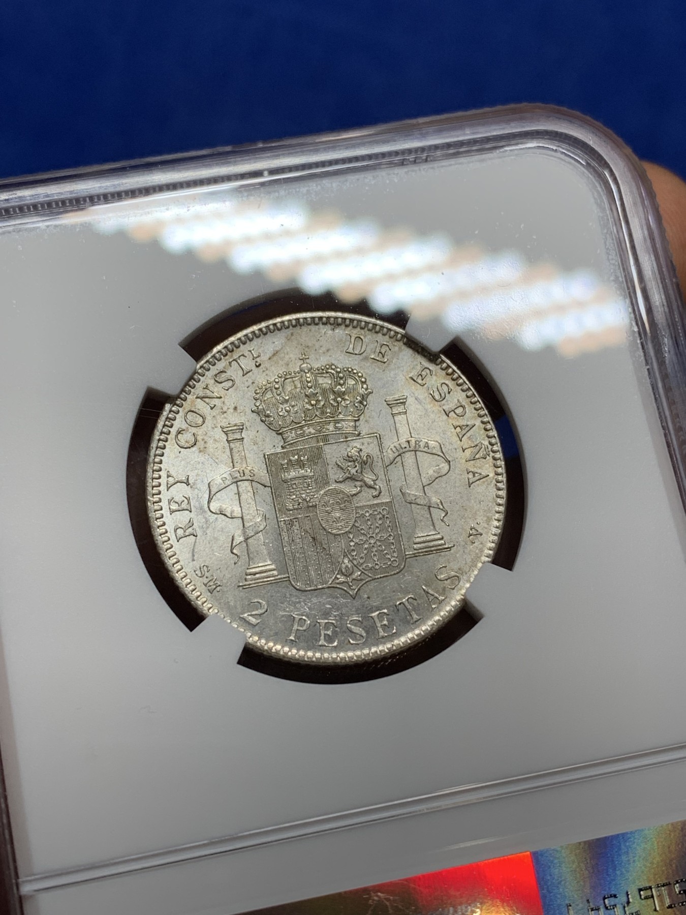 《竞宝斋》第224场-周日，周一，周二 3场 (全场包邮) NGC-MS61 西班牙1905阿方索十三世2比塞塔银币