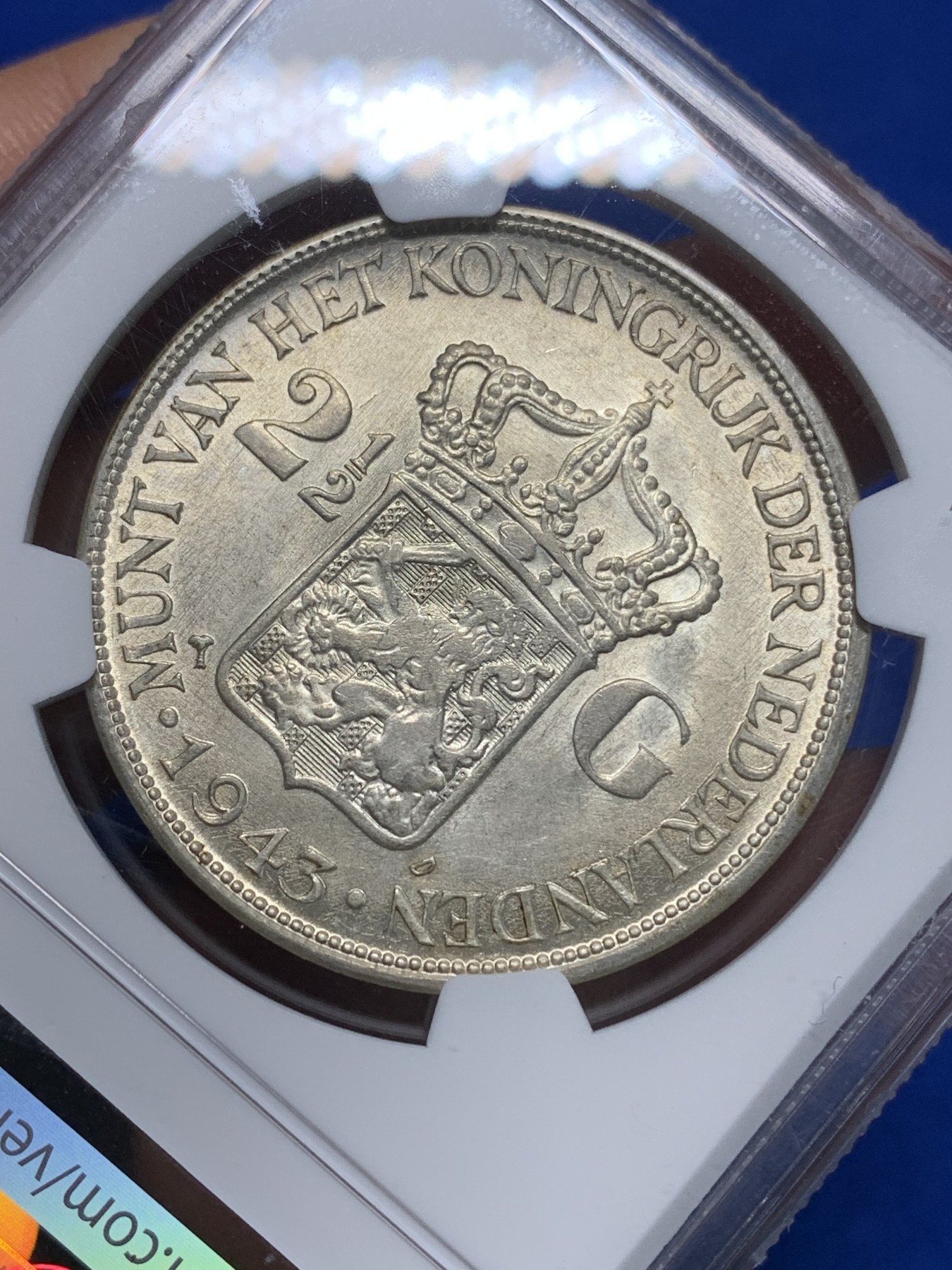 《竞宝斋》第224场-周日，周一，周二 3场 (全场包邮) NGC-MS62 荷属东印度1943年威廉明娜女王2.5盾大银币