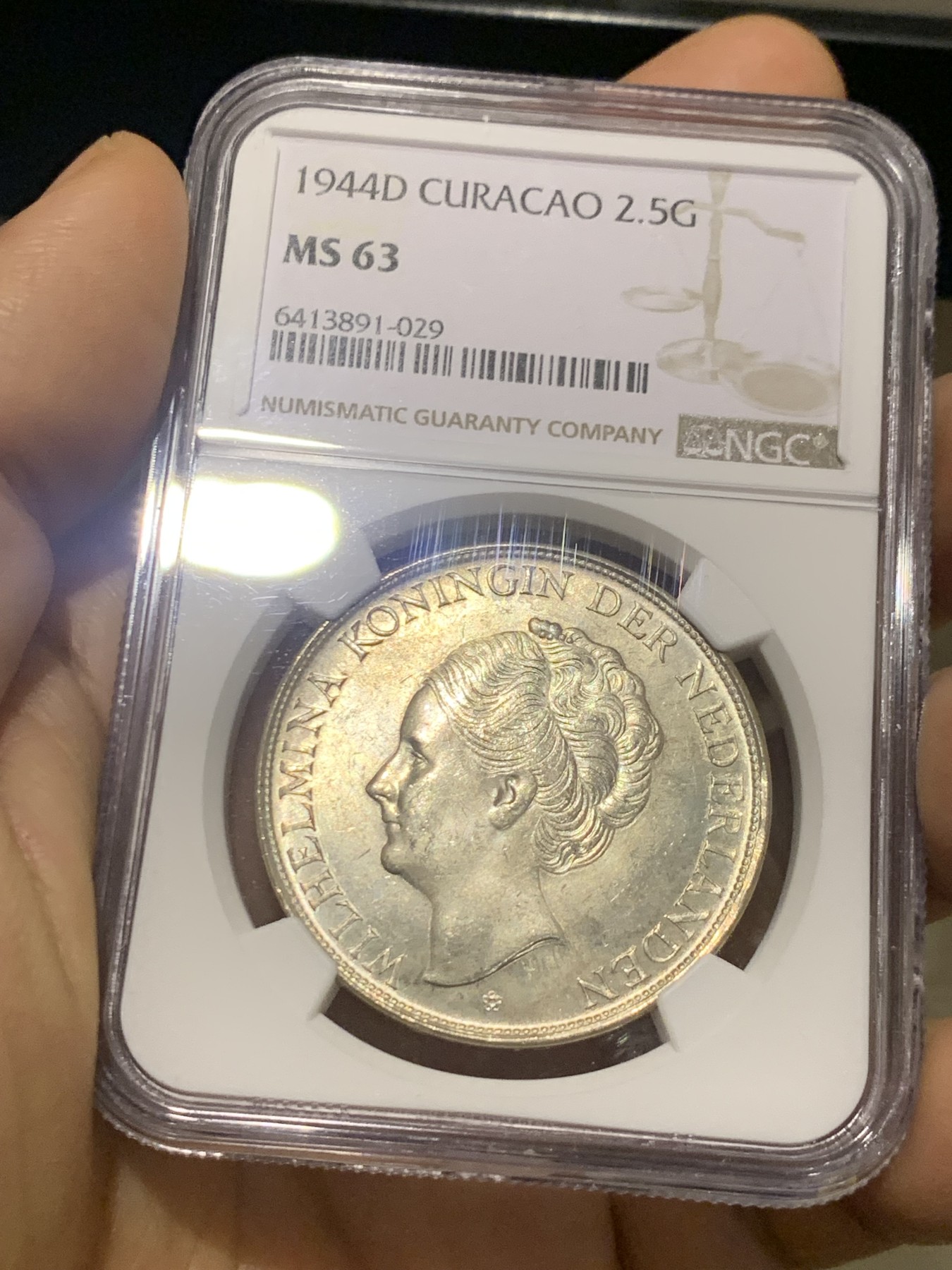 《竞宝斋》第224场-周日，周一，周二 3场 (全场包邮) NGC MS63 荷属库拉索1944D女王威廉明娜2.5盾银币