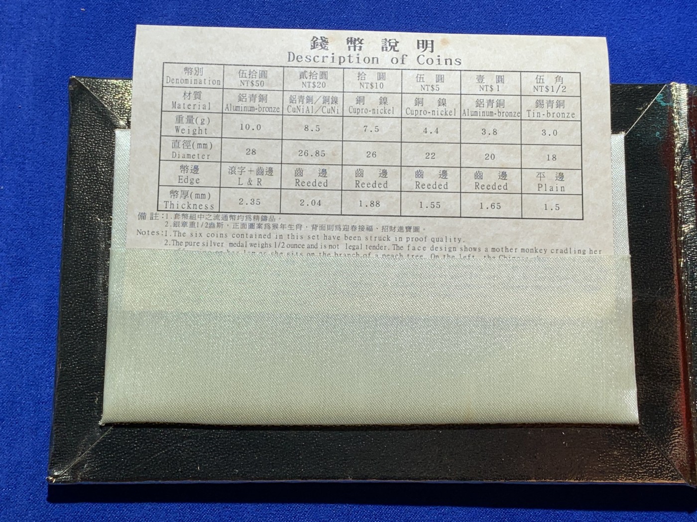 《竞宝斋》第224场-周日，周一，周二 3场 (全场包邮) 台湾省民国九十三年第一轮猴年精致套币 含二分之一盎司大银章 少见生肖 现在很难再运进来 市场价四百左右