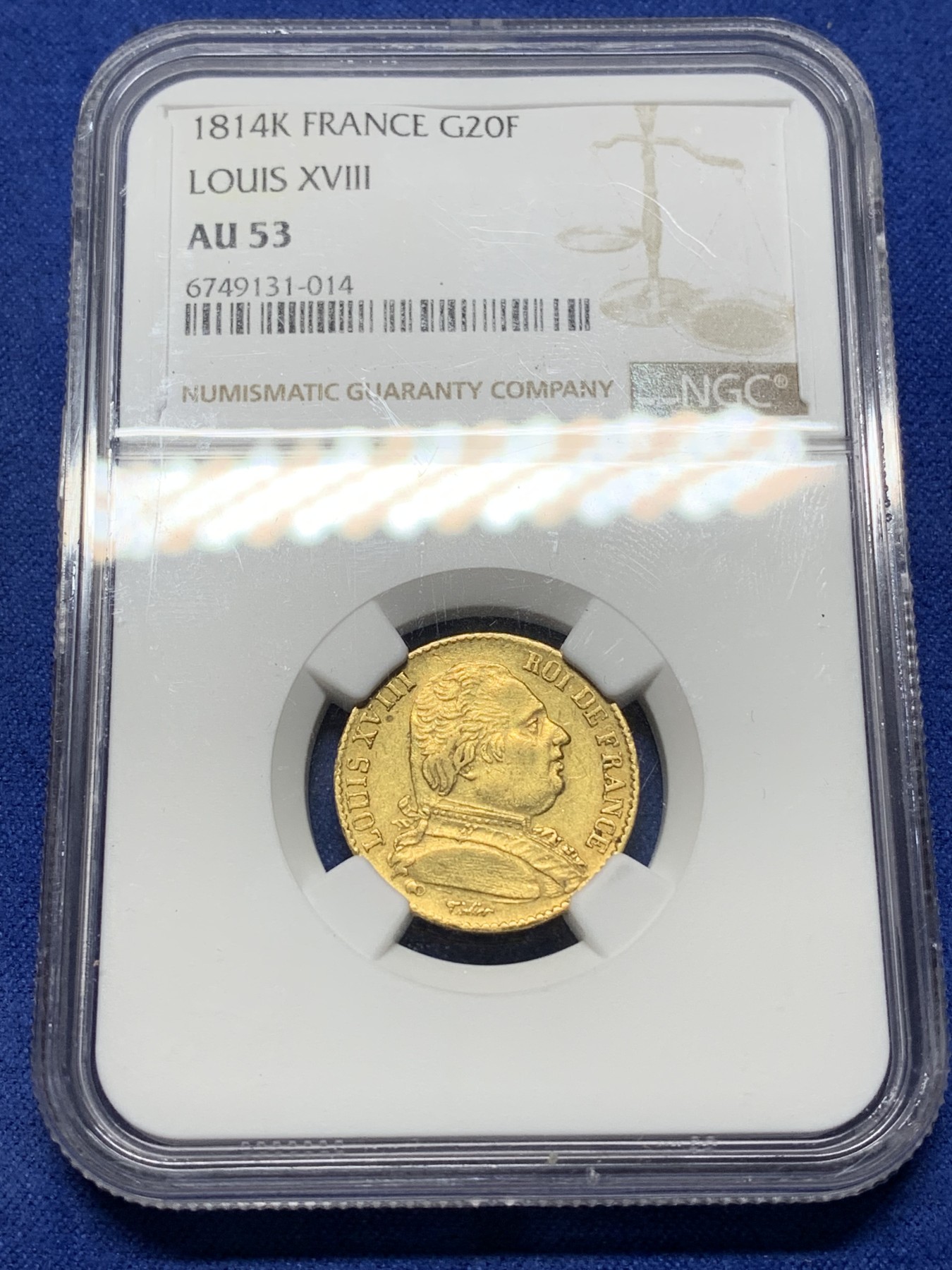 《竞宝斋》第224场-周日，周一，周二 3场 (全场包邮) NGC AU53 法国1814年K版路易十八军装20法郎金币，少见厂