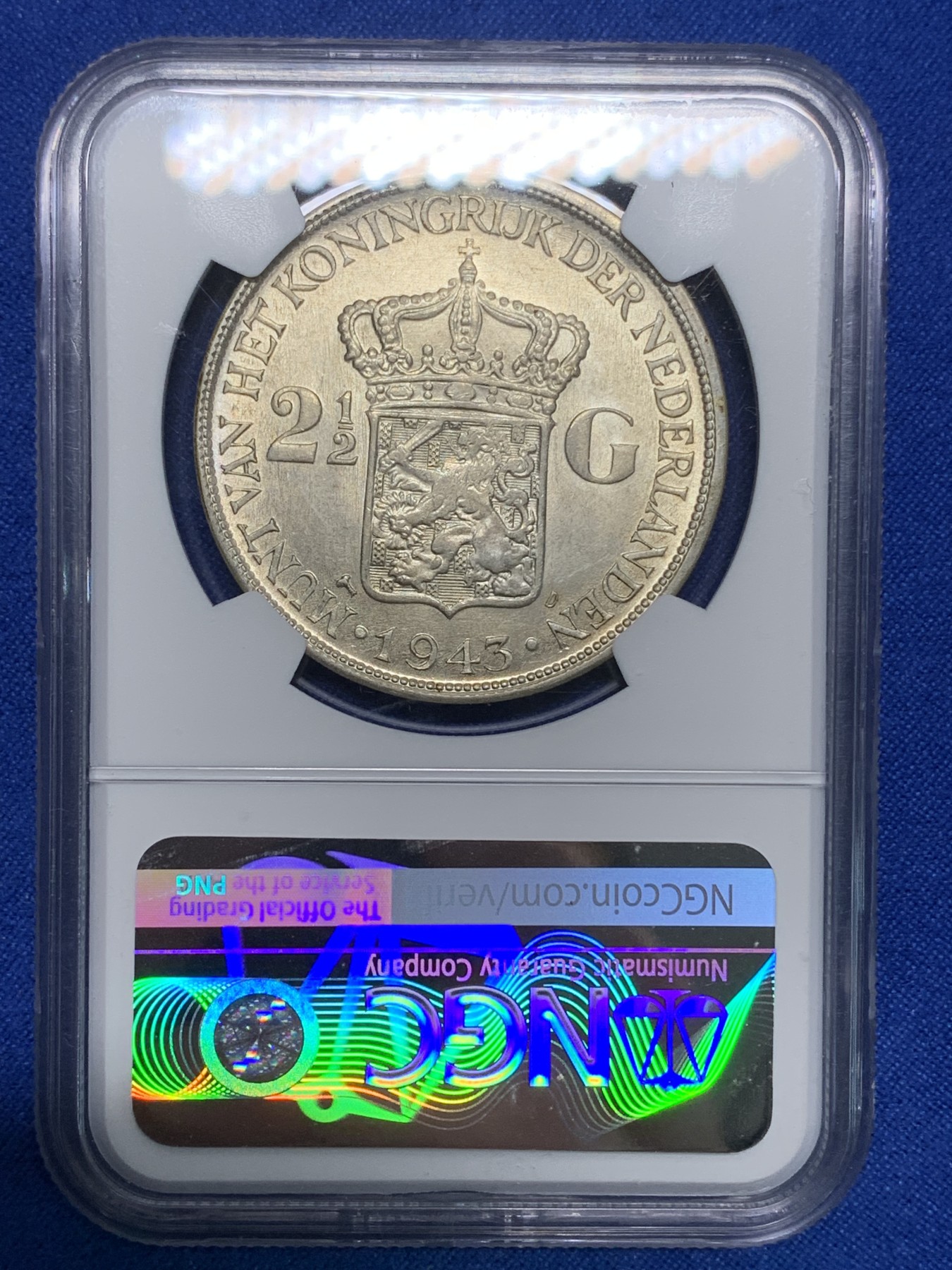 《竞宝斋》第224场-周日，周一，周二 3场 (全场包邮) NGC-MS62 荷属东印度1943年威廉明娜女王2.5盾大银币