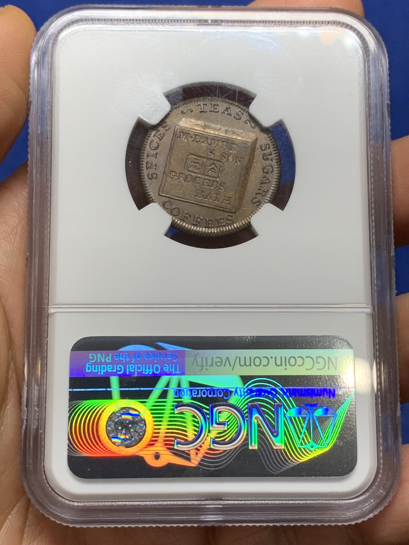 《竞宝斋》第224场-周日，周一，周二 3场 (全场包邮) NGC-MS64 英国1794年萨默塞特郡1法新代币 稀少带汉字代币