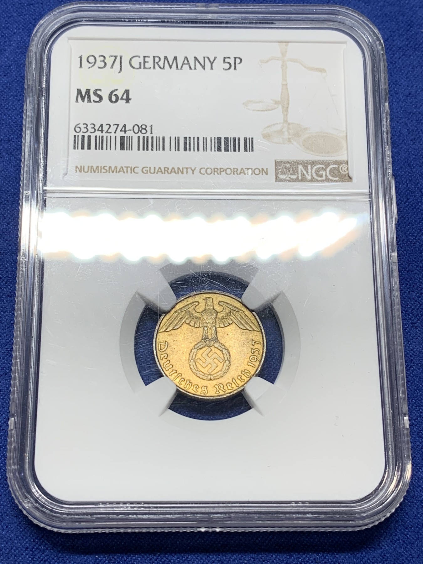 《竞宝斋》第224场-周日，周一，周二 3场 (全场包邮) NGC-MS64 1937年J版德三5芬尼辅币，是常见的A版铸造量的1/4倍，分数不错