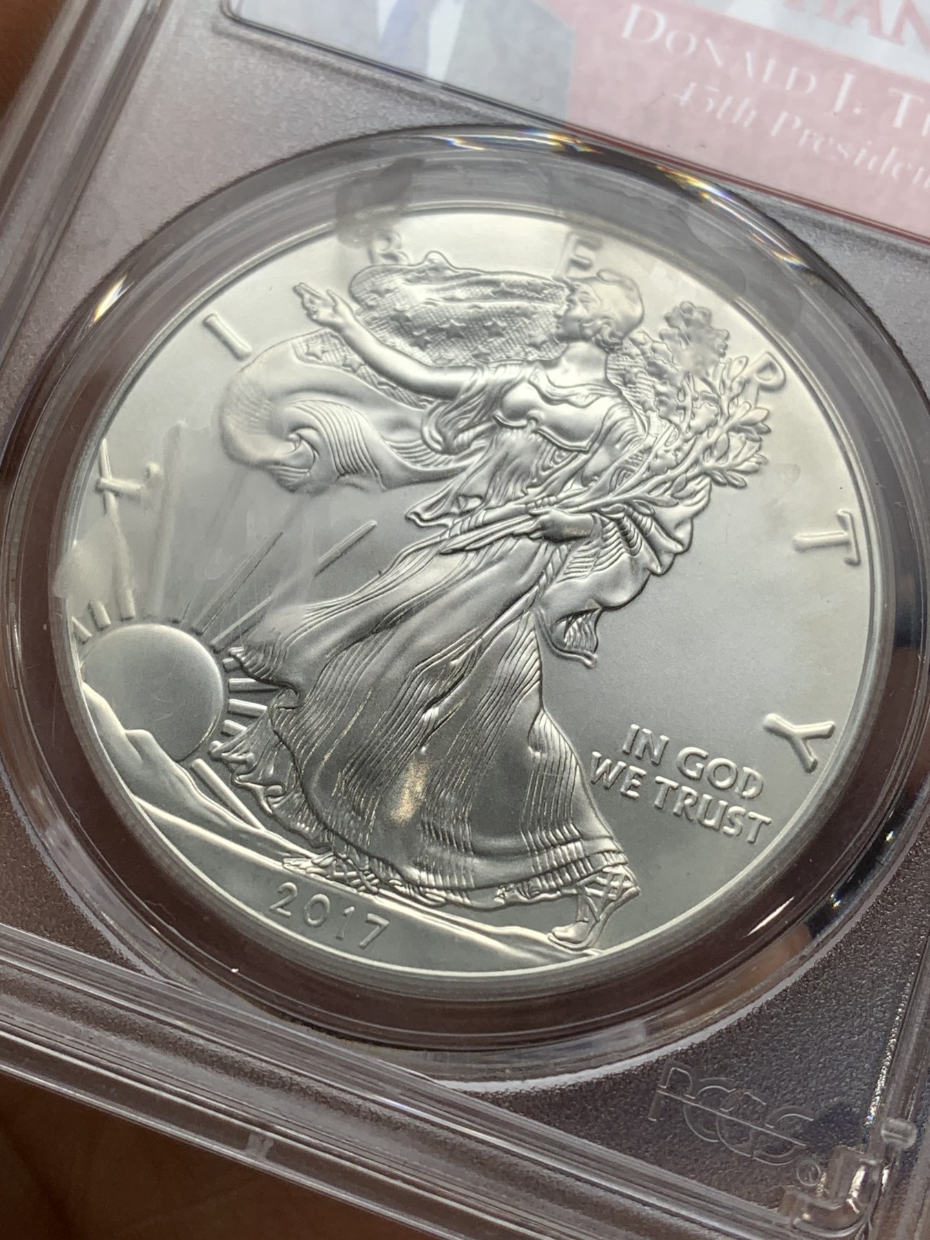 《竞宝斋》第224场-周日，周一，周二 3场 (全场包邮) PCGS MS69 美国2017年行走女神1美元银币 1盎司 31.1克 999银 特朗普头像 倒标签比较少见