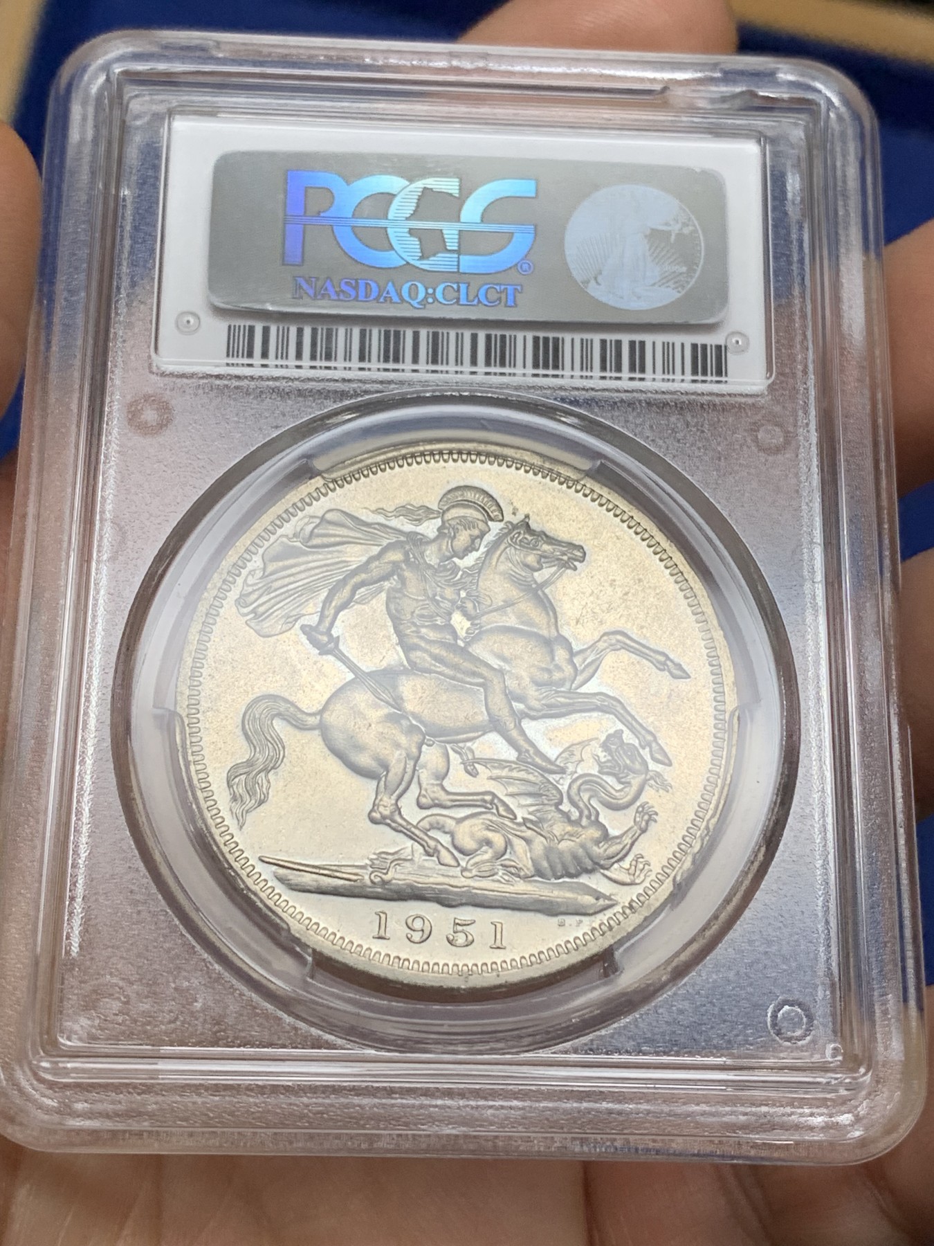 《竞宝斋》第224场-周日，周一，周二 3场 (全场包邮) PCGS PR61 英国1951年乔治六世精制镍马剑一克朗 精制版本很少见