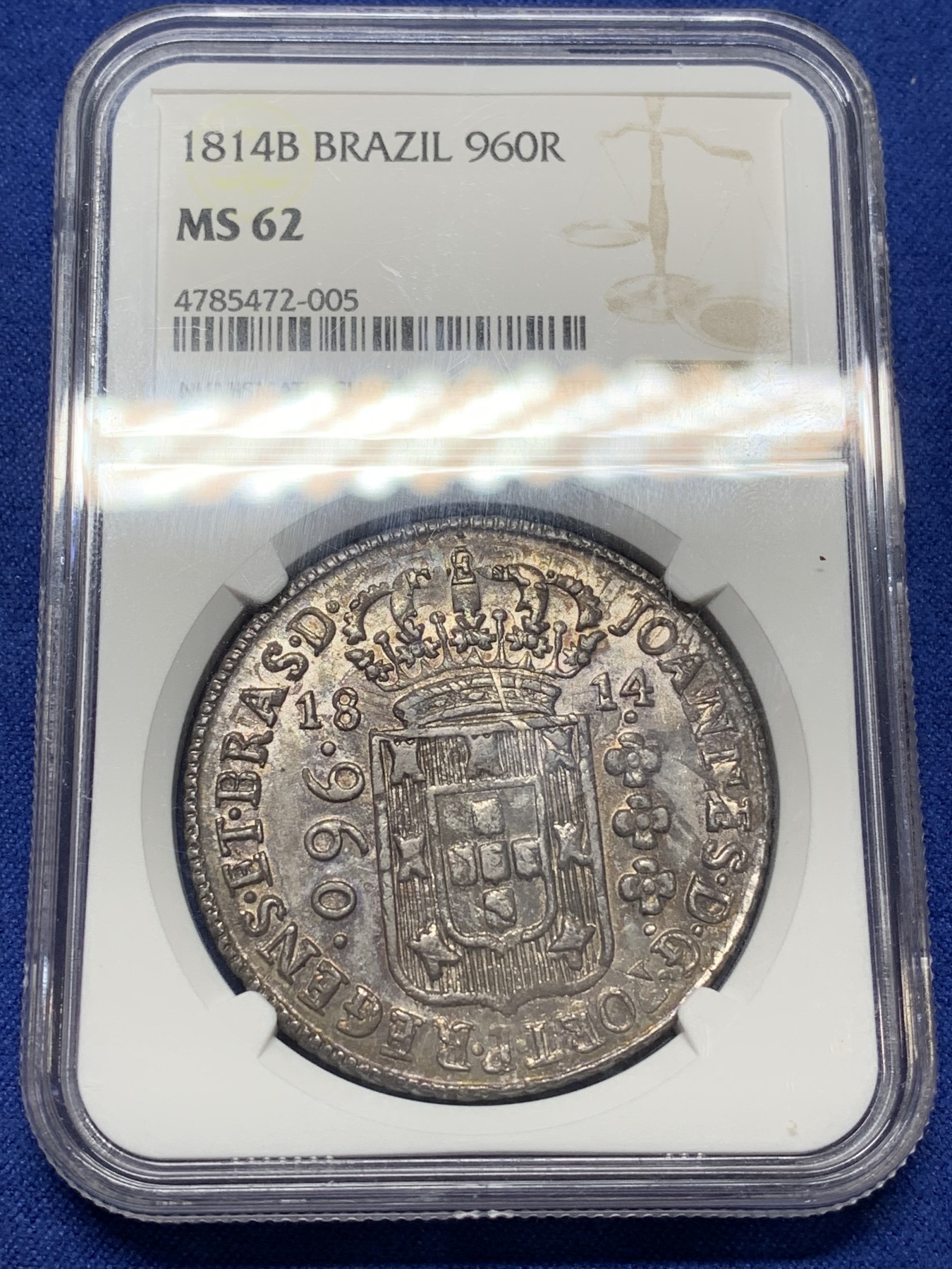 《竞宝斋》第224场-周日，周一，周二 3场 (全场包邮) NGC MS62 巴西1814年地球960瑞斯大银币 原味深彩包浆 整体深打 很不错