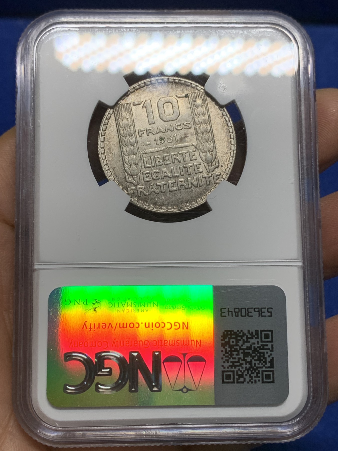 《竞宝斋》第224场-周日，周一，周二 3场 (全场包邮) NGC MS64 法国1931年谷物女神10法郎银币