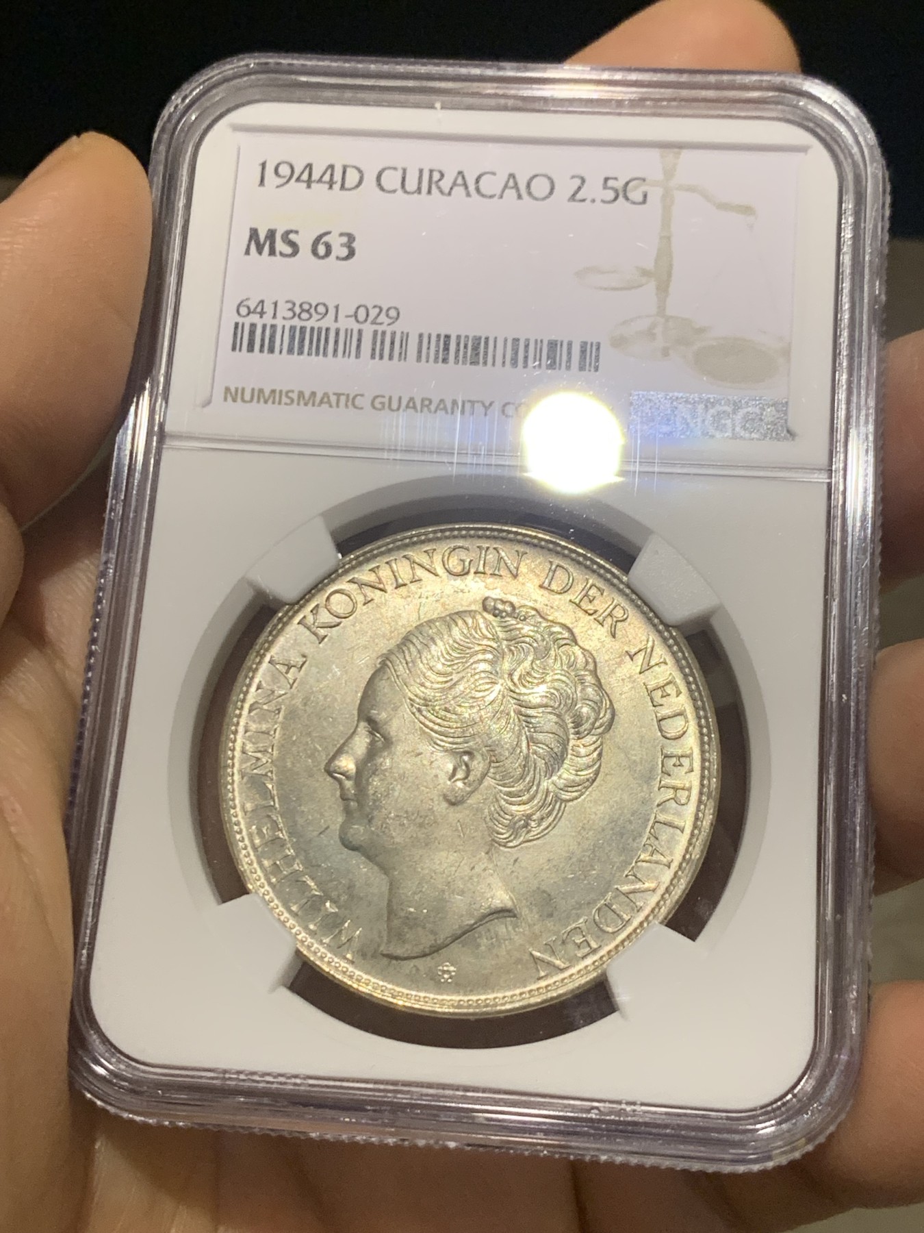 《竞宝斋》第224场-周日，周一，周二 3场 (全场包邮) NGC MS63 荷属库拉索1944D女王威廉明娜2.5盾银币