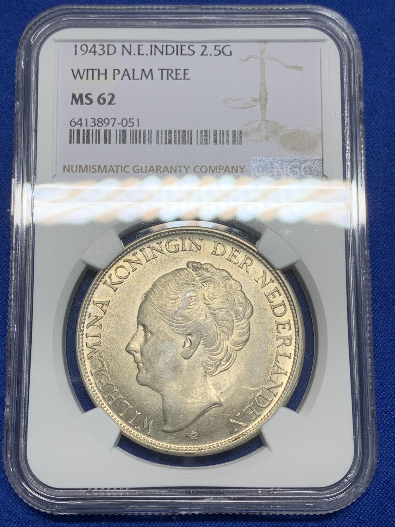 《竞宝斋》第224场-周日，周一，周二 3场 (全场包邮) NGC-MS62 荷属东印度1943年威廉明娜女王2.5盾大银币