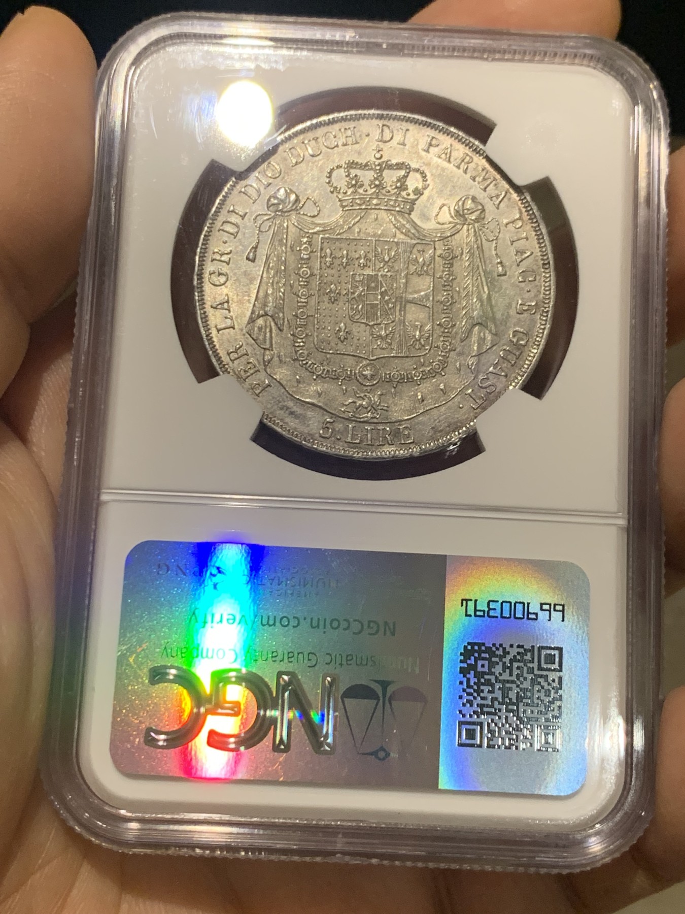 《竞宝斋》第224场-周日，周一，周二 3场 (全场包邮) NGC AU58 意大利1815年帕尔马5里拉银币，原味好细节，性价比好，近年热门品种，日本AW拍卖的63分达到了创纪录4.5万人民币