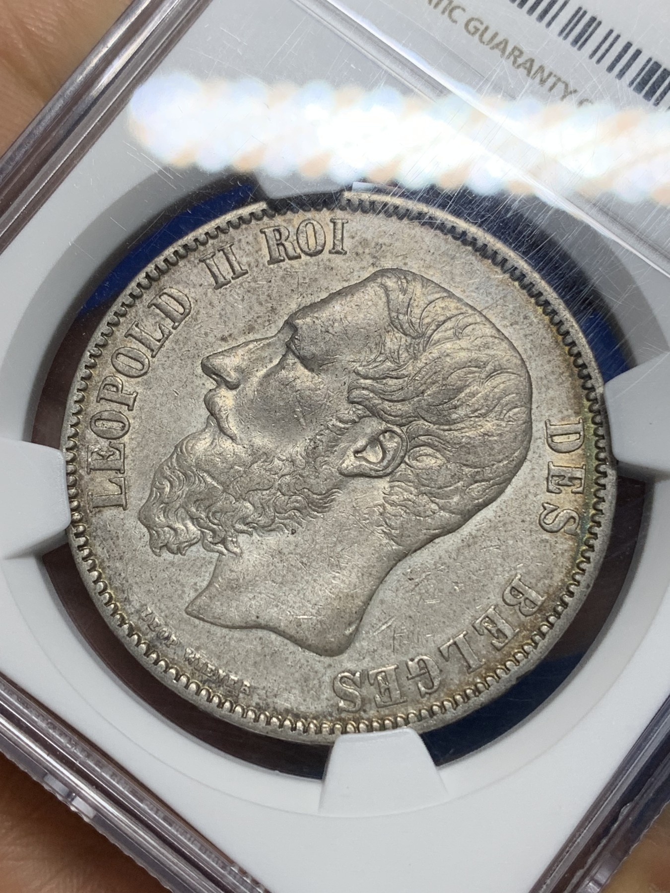 《竞宝斋》第224场-周日，周一，周二 3场 (全场包邮) NGC-AUD 比利时 1869年大胡子利奥波德5法郎银币 包浆极好，适合砸盒子把玩