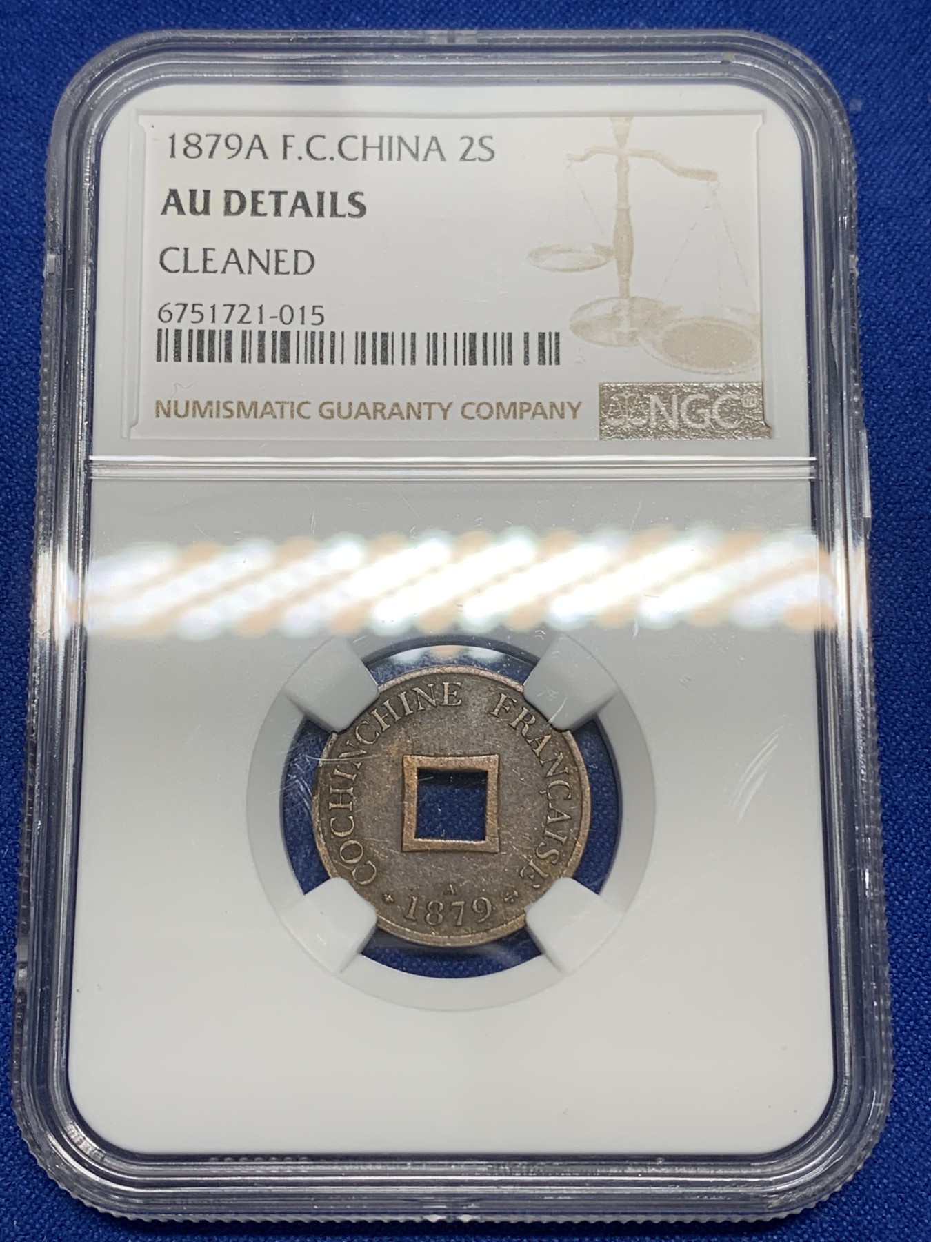 《竞宝斋》第224场-周日，周一，周二 3场 (全场包邮) NGC AUD 1879年法属印支安南当二方孔铜币