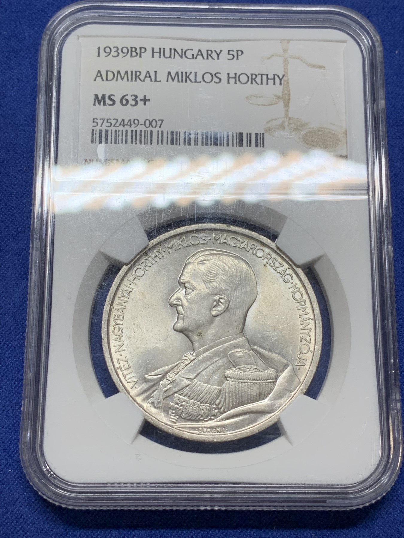 《竞宝斋》第224场-周日，周一，周二 3场 (全场包邮) NGC-MS63+ 1939年BP版匈牙利王国5潘果银币，正面著名摄政王霍尔蒂，高分经典品种