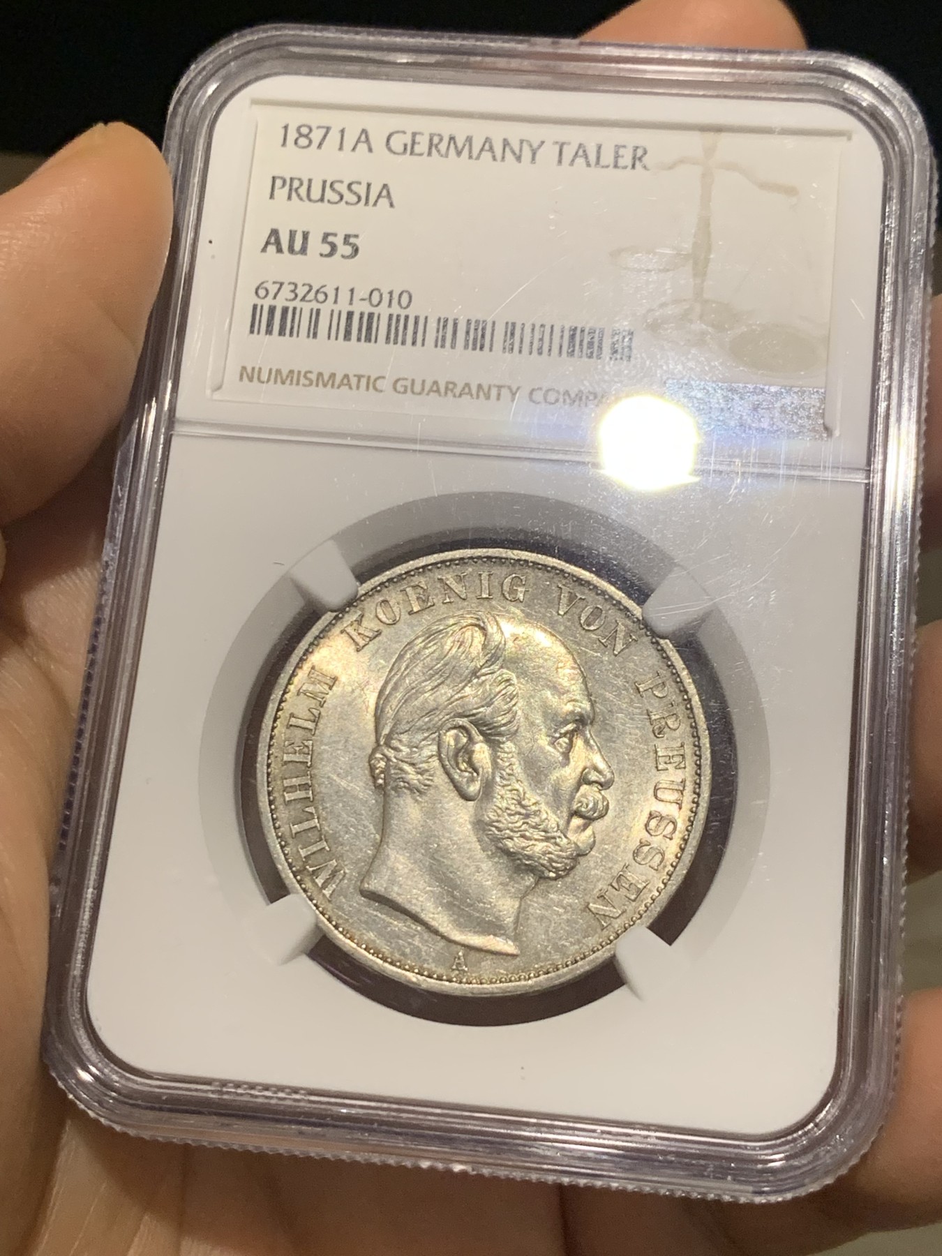 《竞宝斋》第224场-周日，周一，周二 3场 (全场包邮) NGC-AU55 德国1871年A普鲁士胜利泰勒，原味包浆 58分的状态 确实低评了