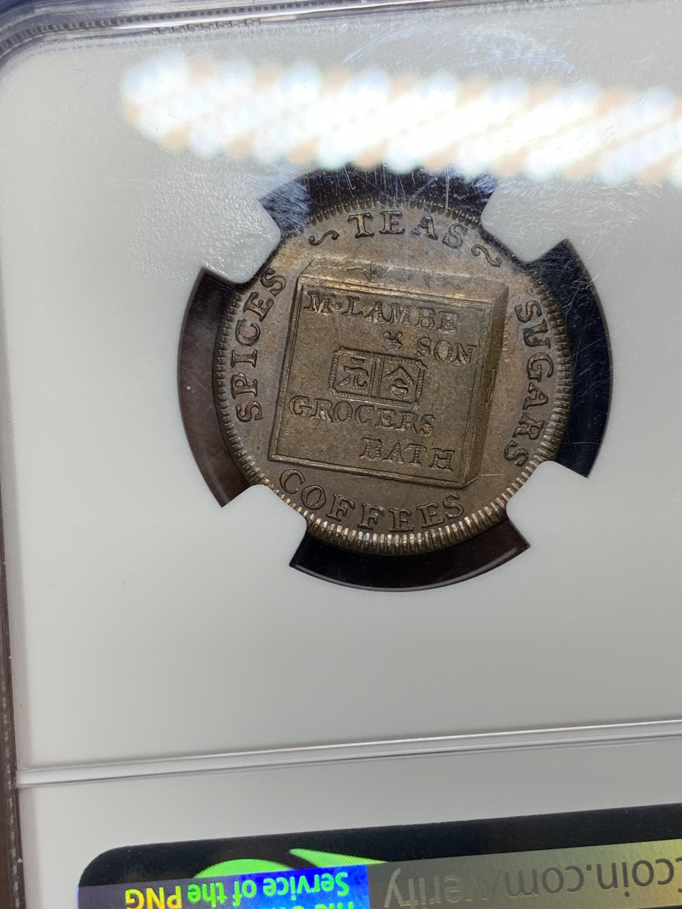 《竞宝斋》第224场-周日，周一，周二 3场 (全场包邮) NGC-MS64 英国1794年萨默塞特郡1法新代币 稀少带汉字代币