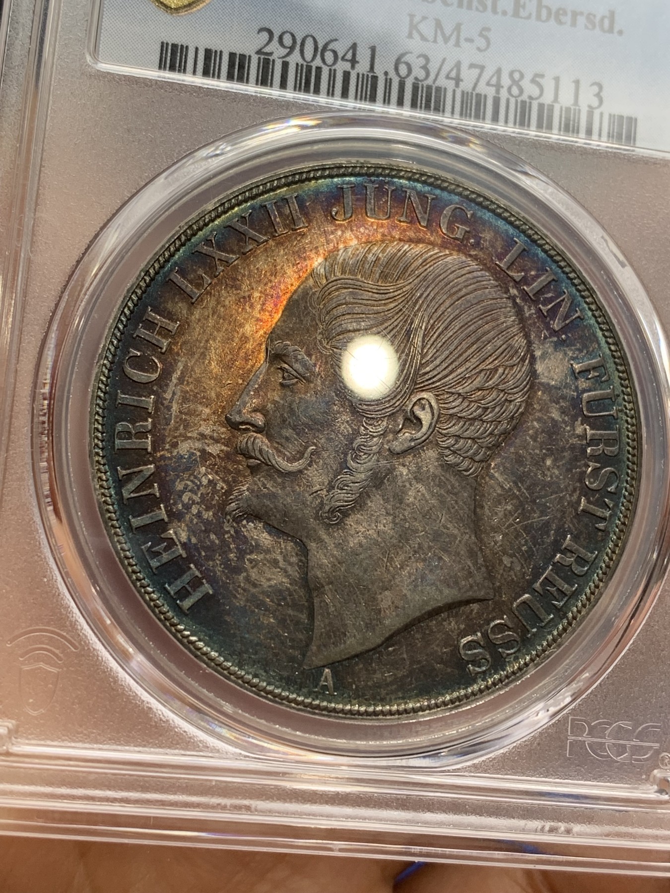 《竞宝斋》第224场-周日，周一，周二 3场 (全场包邮) 唯一亚军分 PCGS MS63 德国 1847 罗斯 海因里希六世 流通版2泰勒 37.1克大银币   绚丽五彩包浆 小邦稀少品种 不可错过 发行量克劳斯标注仅2750枚，德国目录标注5500枚