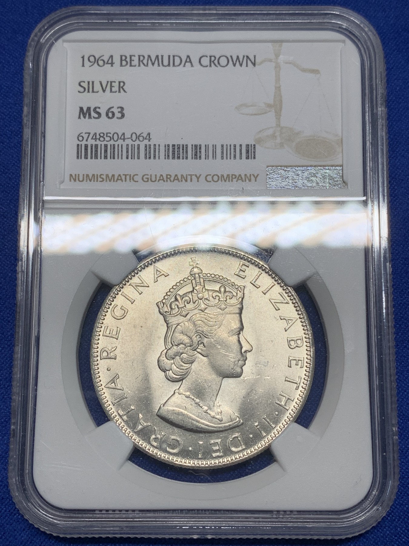 《竞宝斋》第224场-周日，周一，周二 3场 (全场包邮) NGC-MS63 英属百慕大1964年伊丽莎白二世青年头像克朗银币 头像十分漂亮