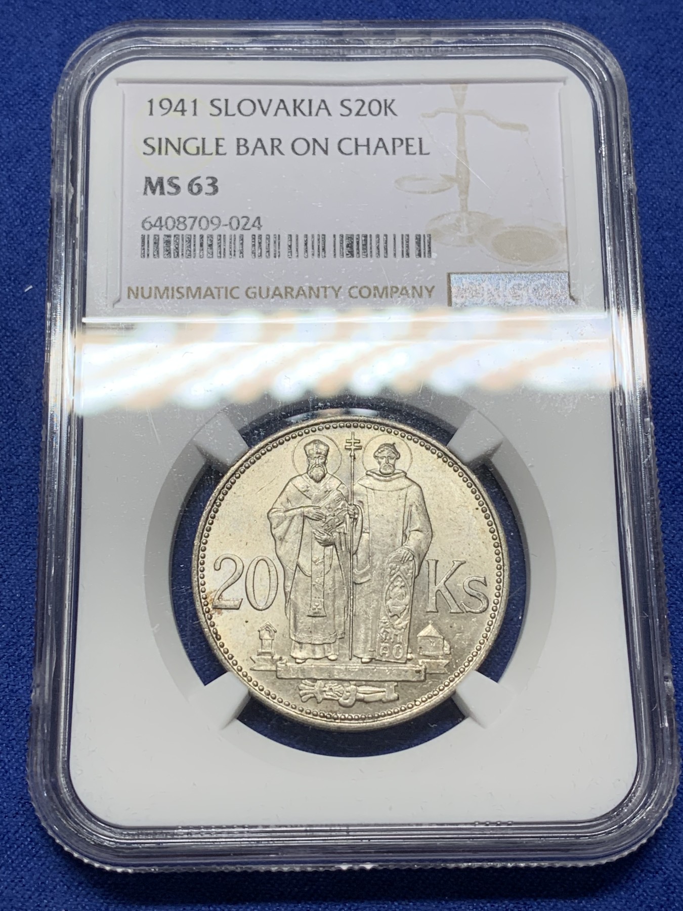 《竞宝斋》第224场-周日，周一，周二 3场 (全场包邮) NGC-MS63 1941年斯洛伐克双主教20克朗银币，带银光车轮转光，品相不错