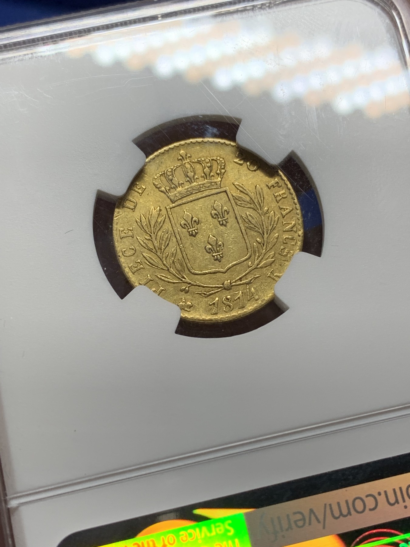 《竞宝斋》第224场-周日，周一，周二 3场 (全场包邮) NGC AU53 法国1814年K版路易十八军装20法郎金币，少见厂