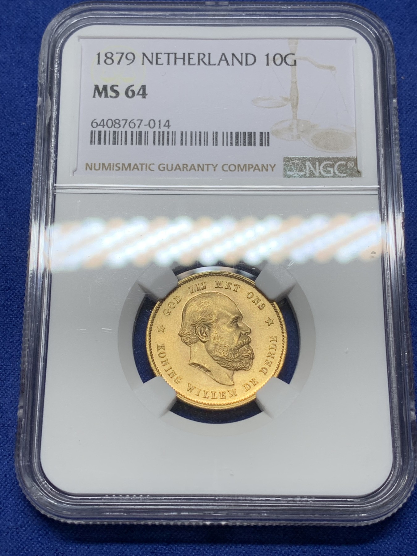 《竞宝斋》第224场-周日，周一，周二 3场 (全场包邮) NGC-MS64 1879荷兰威廉三世10盾金币 早期年份 顶级品相 难得 6.729克 900金