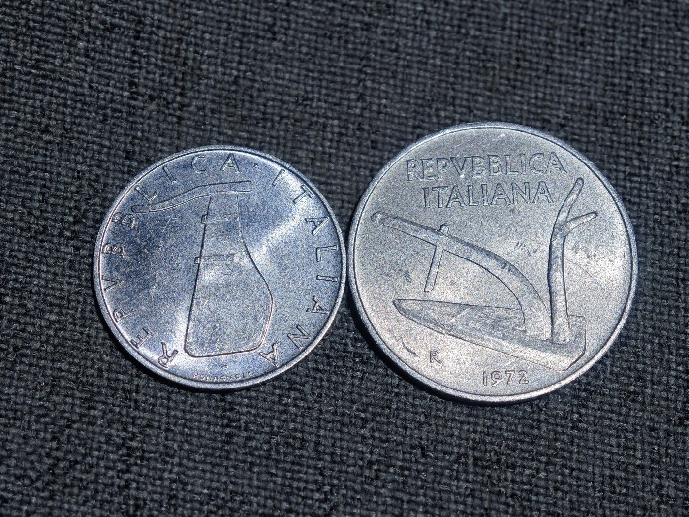外国硬币收藏第5期 原光意大利70年代农具10、5里拉铝币2枚
