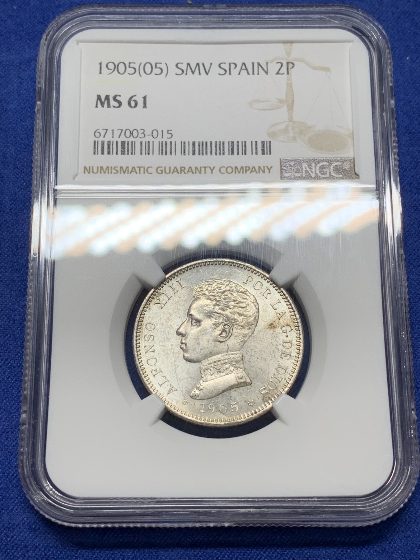 《竞宝斋》第224场-周日，周一，周二 3场 (全场包邮) NGC-MS61 西班牙1905阿方索十三世2比塞塔银币