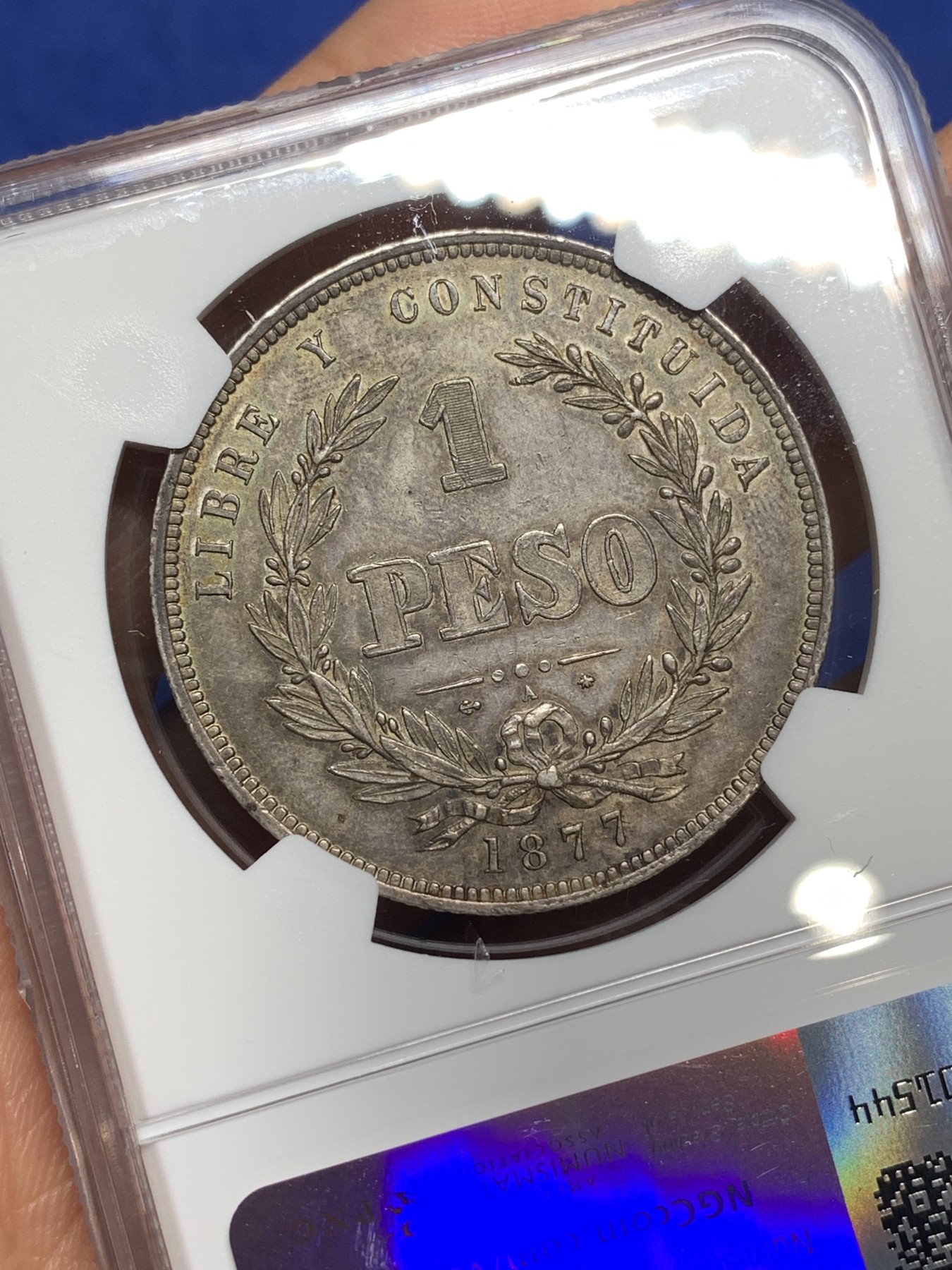 《竞宝斋》第224场-周日，周一，周二 3场 (全场包邮) NGC MS63 乌拉圭 1877年 国徽1比索 大银币 乌拉圭地缘所限 早期上MS的极少，XF的裸币成交价在1000左右，上升品种