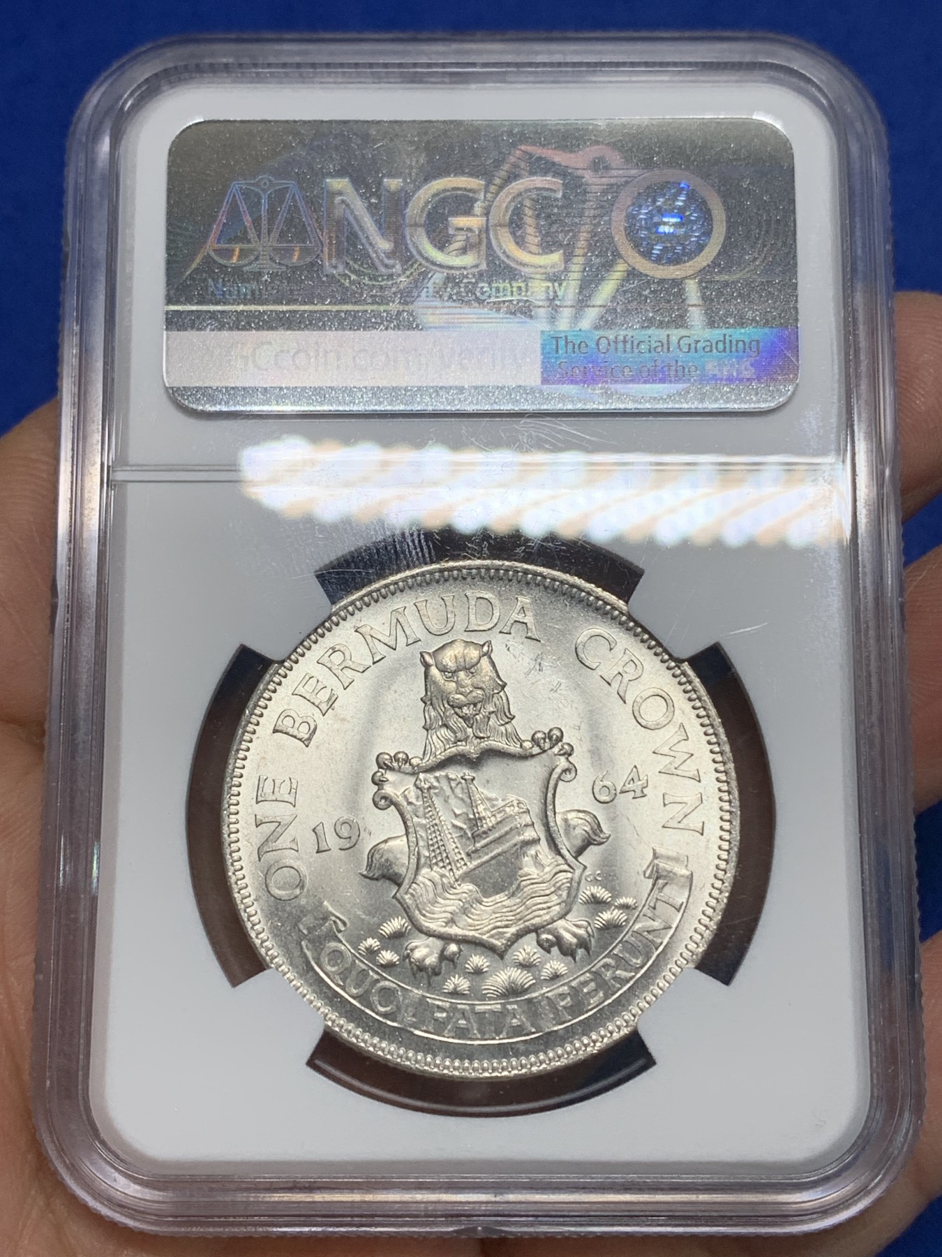 《竞宝斋》第224场-周日，周一，周二 3场 (全场包邮) NGC-MS63 英属百慕大1964年伊丽莎白二世青年头像克朗银币 头像十分漂亮