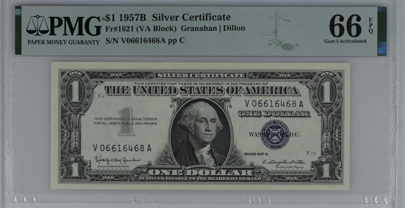 收藏联盟Quantum Auction 第312期拍卖  美国1957年1美元银币券 PMG66