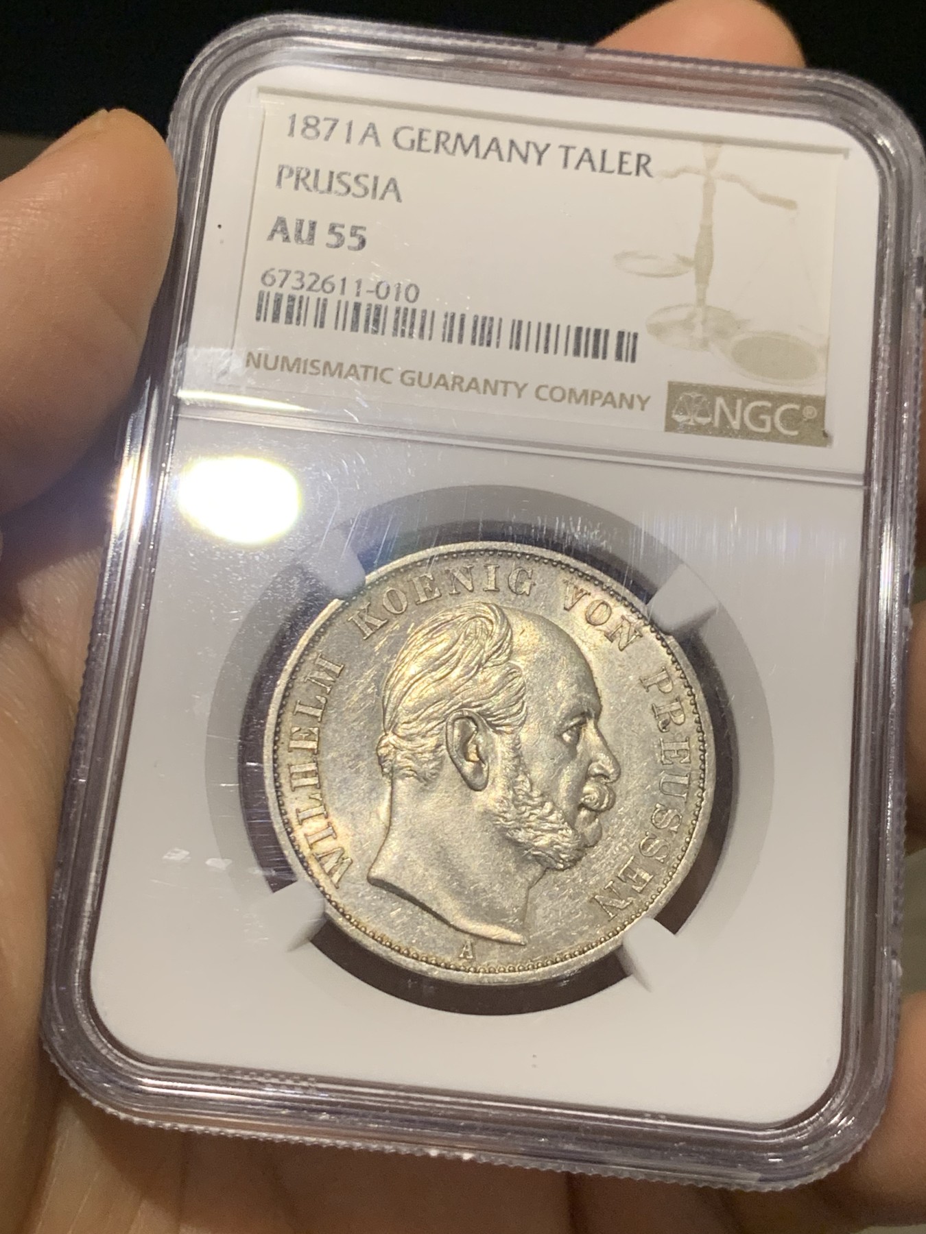《竞宝斋》第224场-周日，周一，周二 3场 (全场包邮) NGC-AU55 德国1871年A普鲁士胜利泰勒，原味包浆 58分的状态 确实低评了