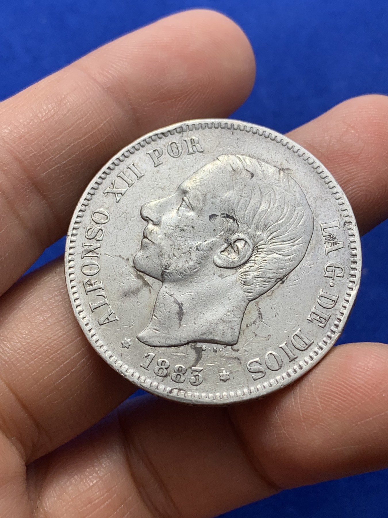 《竞宝斋》第224场-周日，周一，周二 3场 (全场包邮) 西班牙1883年阿方索十二世5比塞塔银币