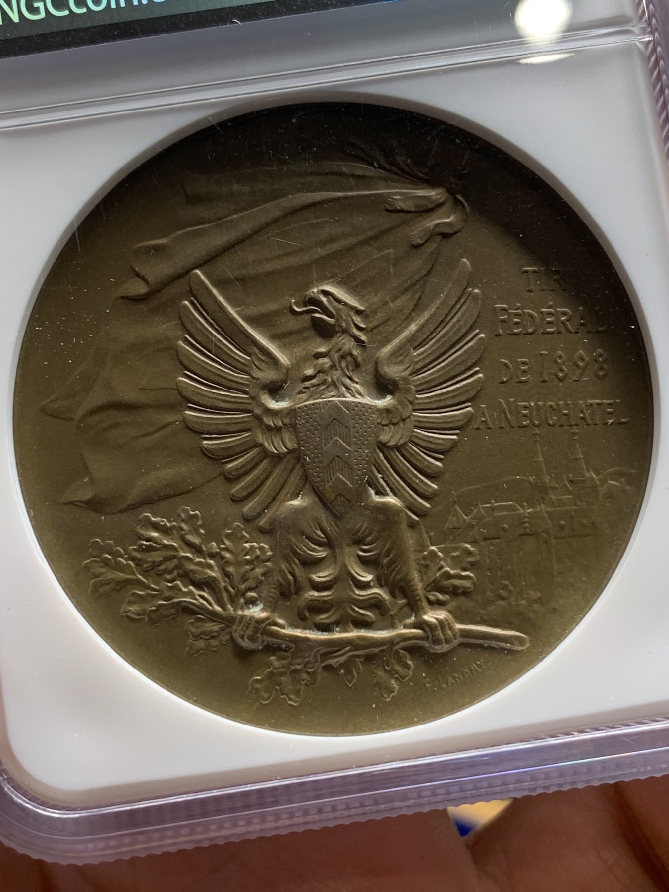 《竞宝斋》第224场-周日，周一，周二 3场 (全场包邮) NGC MS65 瑞士1898纳沙泰尔射击节铜章 加厚盒