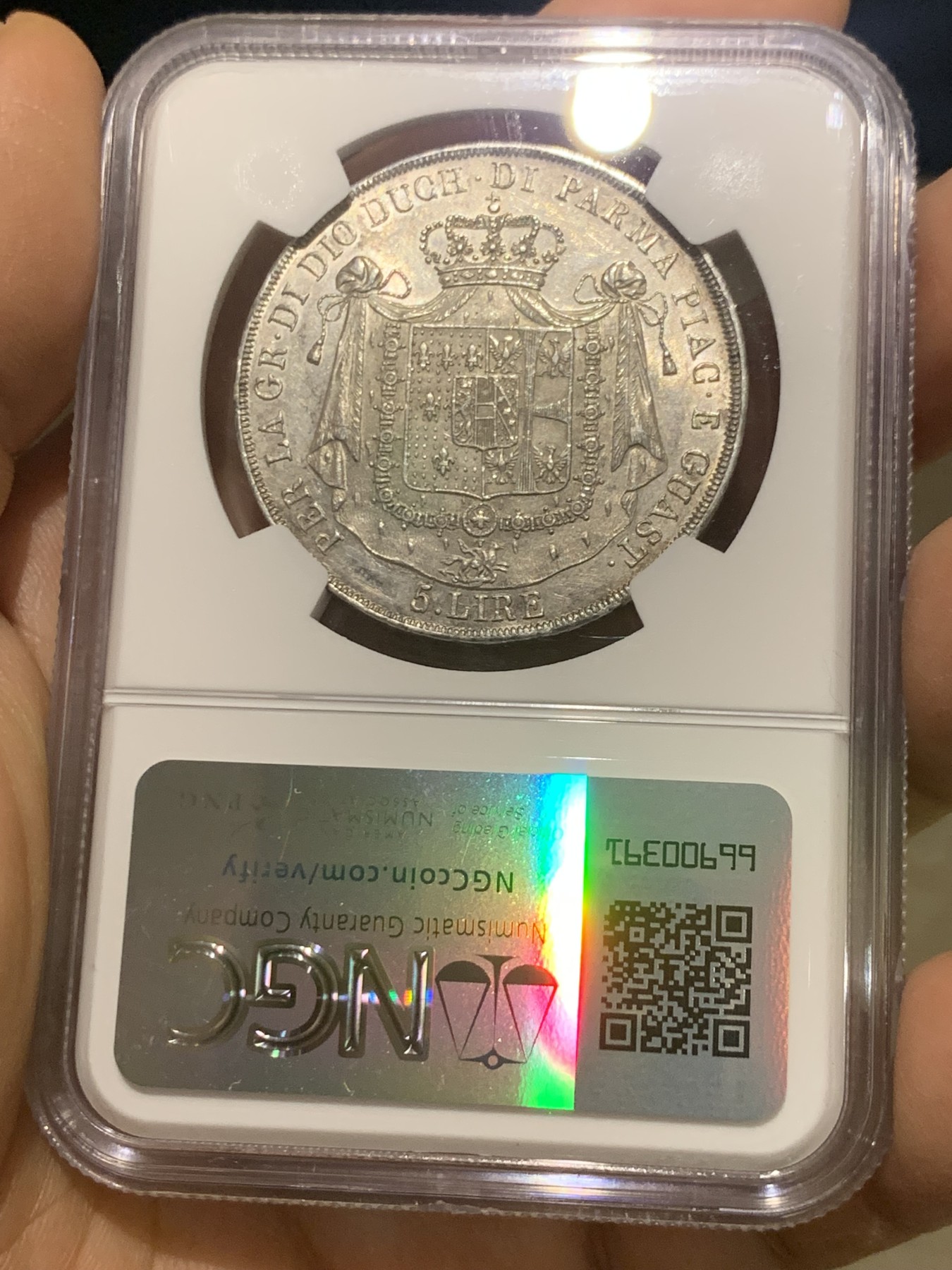 《竞宝斋》第224场-周日，周一，周二 3场 (全场包邮) NGC AU58 意大利1815年帕尔马5里拉银币，原味好细节，性价比好，近年热门品种，日本AW拍卖的63分达到了创纪录4.5万人民币