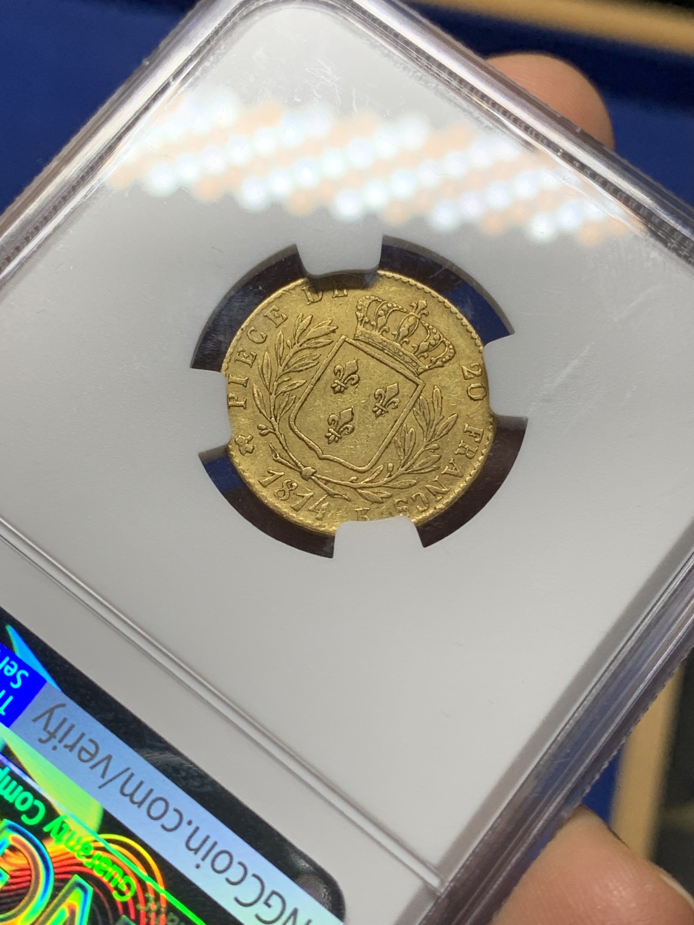 《竞宝斋》第224场-周日，周一，周二 3场 (全场包邮) NGC AU53 法国1814年K版路易十八军装20法郎金币，少见厂