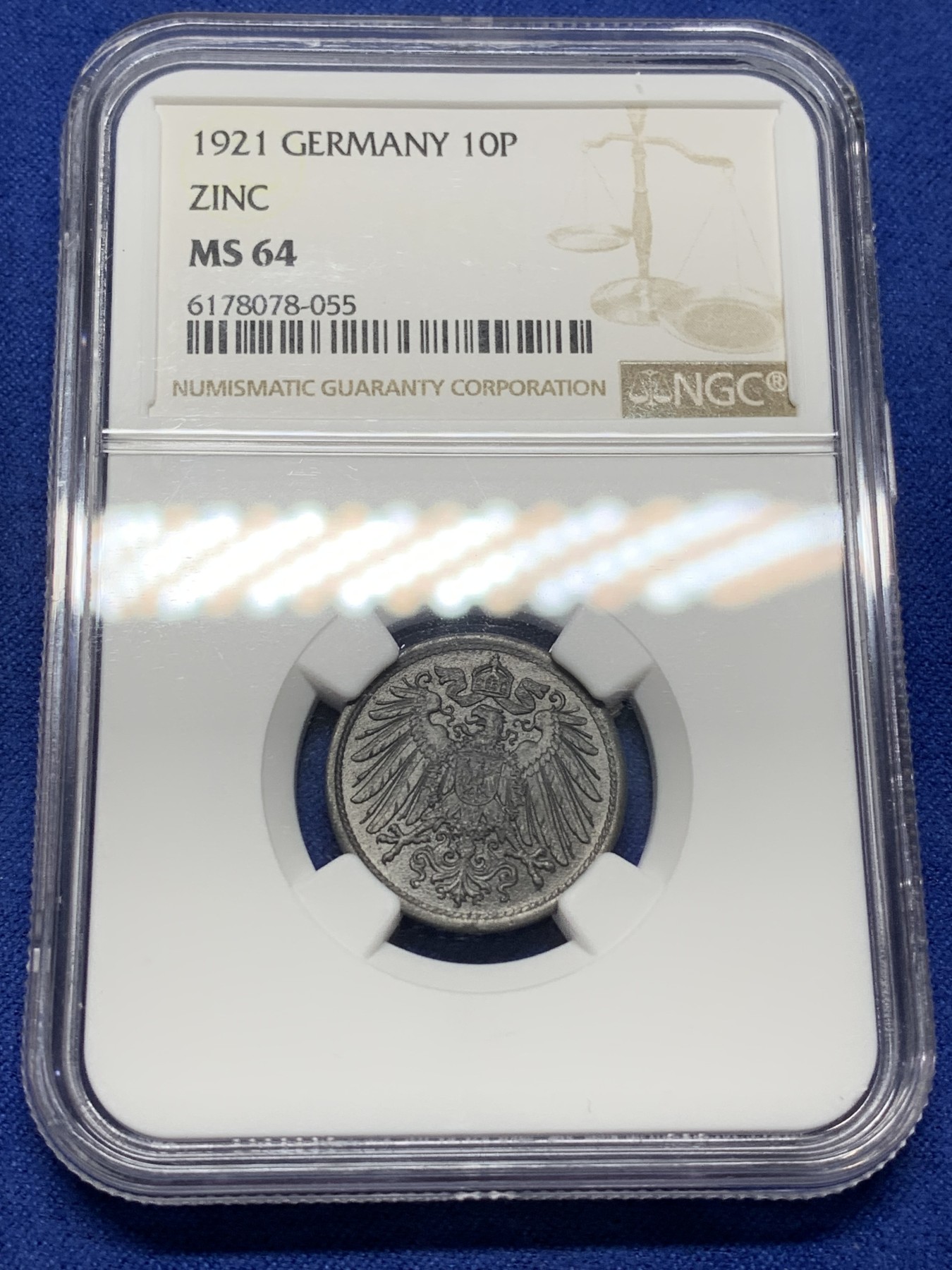 《竞宝斋》第224场-周日，周一，周二 3场 (全场包邮) NGC-MS64 德国（1921年）10芬尼锌币 亚军分，少见好品