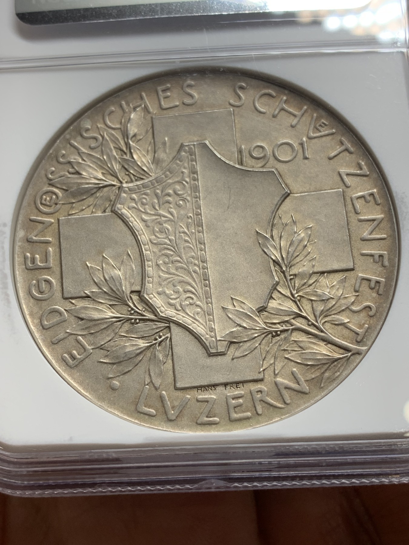 《竞宝斋》第224场-周日，周一，周二 3场 (全场包邮) NGC MS63 瑞士1901卢塞恩射击节银章