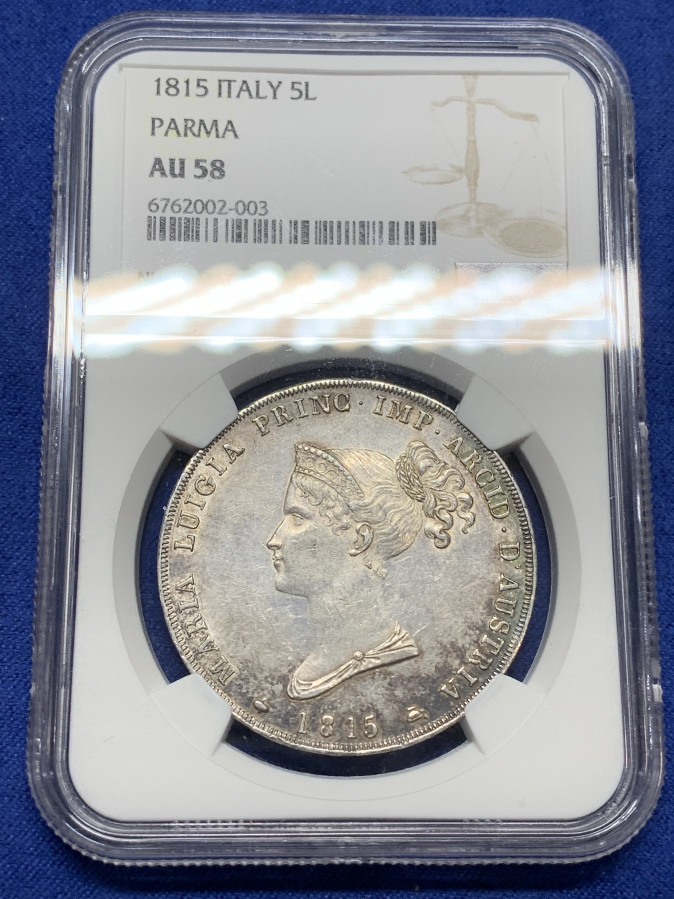 《竞宝斋》第224场-周日，周一，周二 3场 (全场包邮) NGC AU58 意大利1815年帕尔马5里拉银币，原味好细节，性价比好，近年热门品种，日本AW拍卖的63分达到了创纪录4.5万人民币