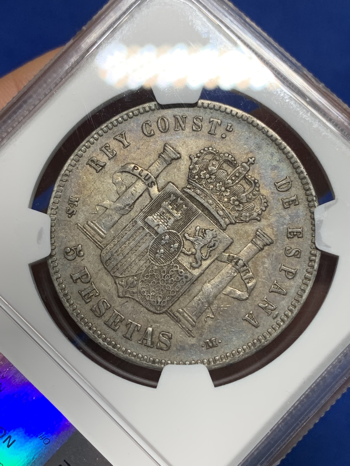 《竞宝斋》第224场-周日，周一，周二 3场 (全场包邮) NGC-XF45 西班牙1885年 阿方索十二世 5比塞塔双柱大银币