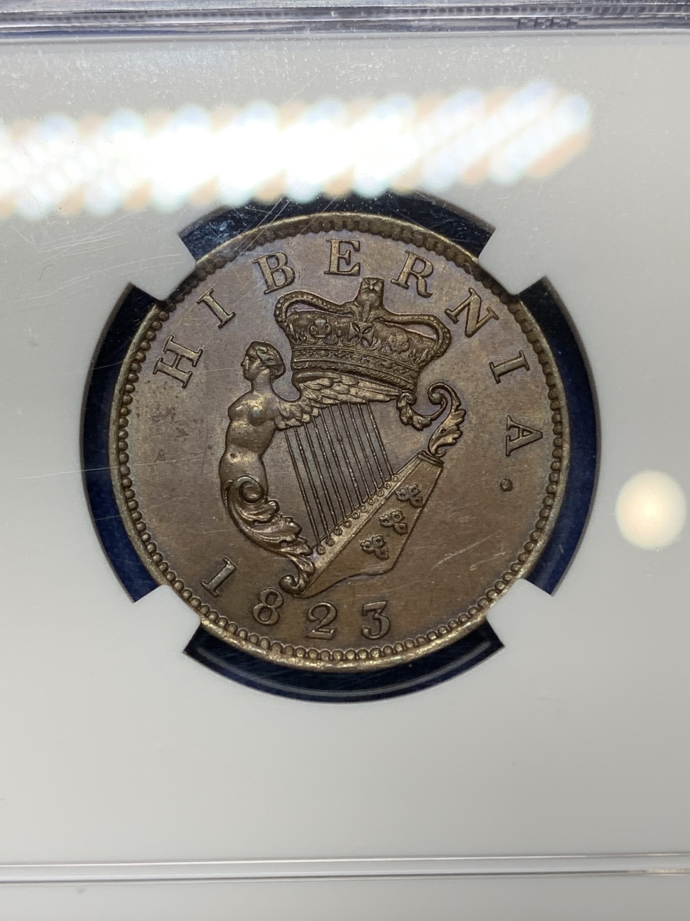 《竞宝斋》第224场-周日，周一，周二 3场 (全场包邮) NGC MS64 BN 爱尔兰 1823 乔四 半便士铜币 巧克力包浆 细节近乎完美 难得状态 通常能见到都是VF级的状态 这枚不可错过