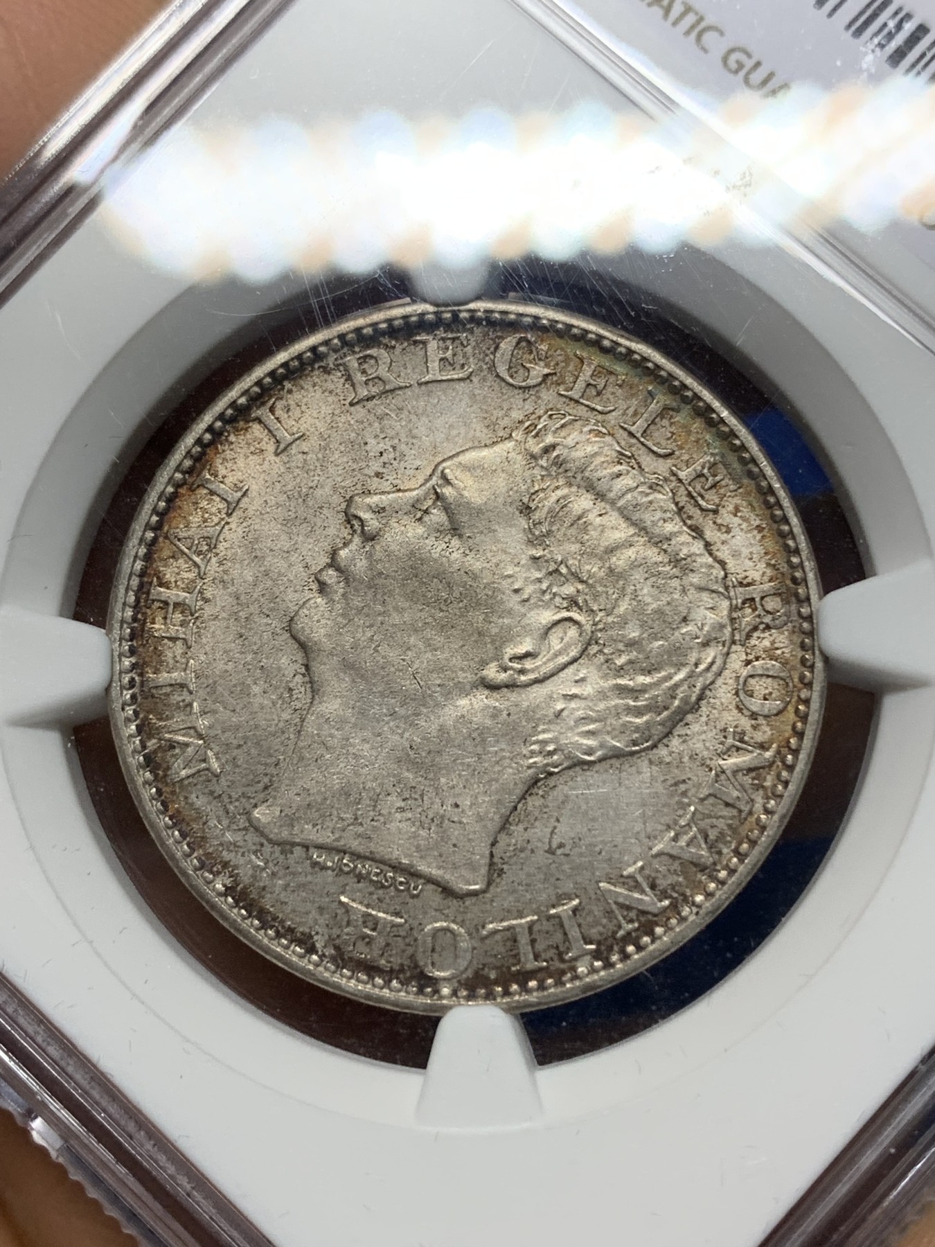 《竞宝斋》第224场-周日，周一，周二 3场 (全场包邮) NGC-MS62 1944年罗马尼亚500L银币，双面深彩环彩包浆，带原光