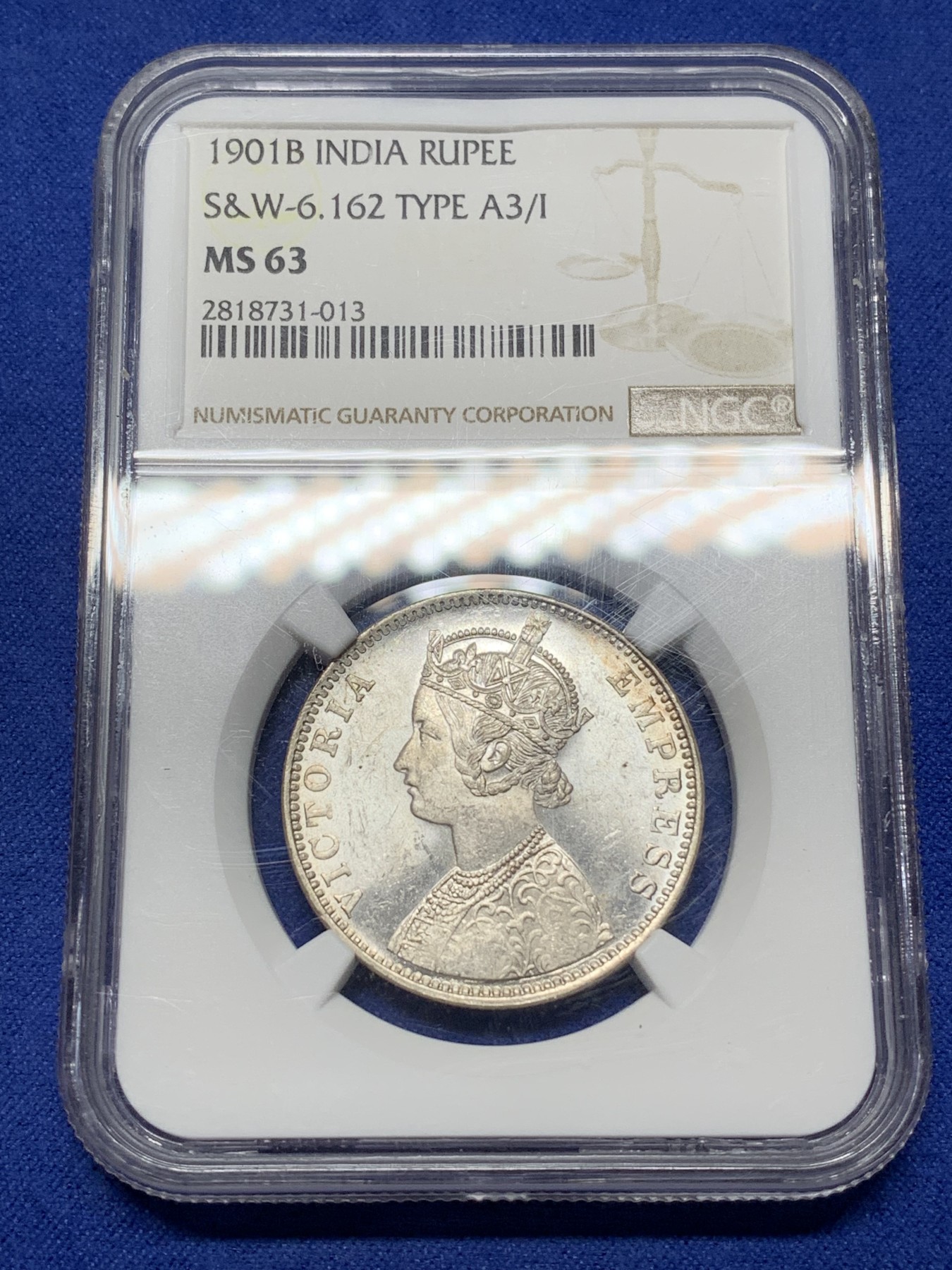 《竞宝斋》第224场-周日，周一，周二 3场 (全场包邮) NGC MS63 英属印度1901年B版维多利亚1卢比银币，少见小版别亚军分，更高64就2枚