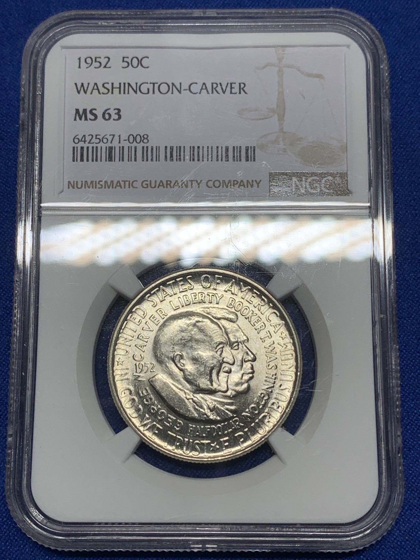 《竞宝斋》第224场-周日，周一，周二 3场 (全场包邮) NGC MS63 1952年美国卡佛华盛顿半美元银币