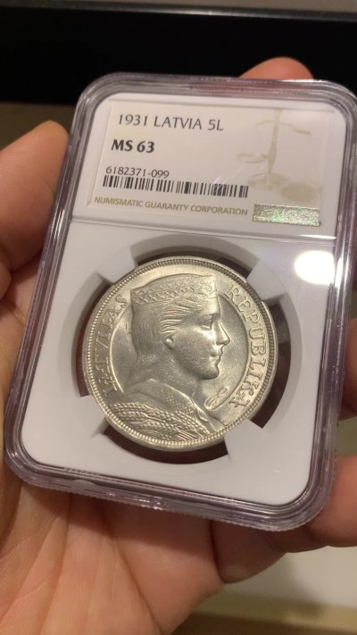 《竞宝斋》第225场-周日，周一，周二 3场 (全场包邮) NGC MS63 拉脱维亚 1931年谷物女神5拉特大银币